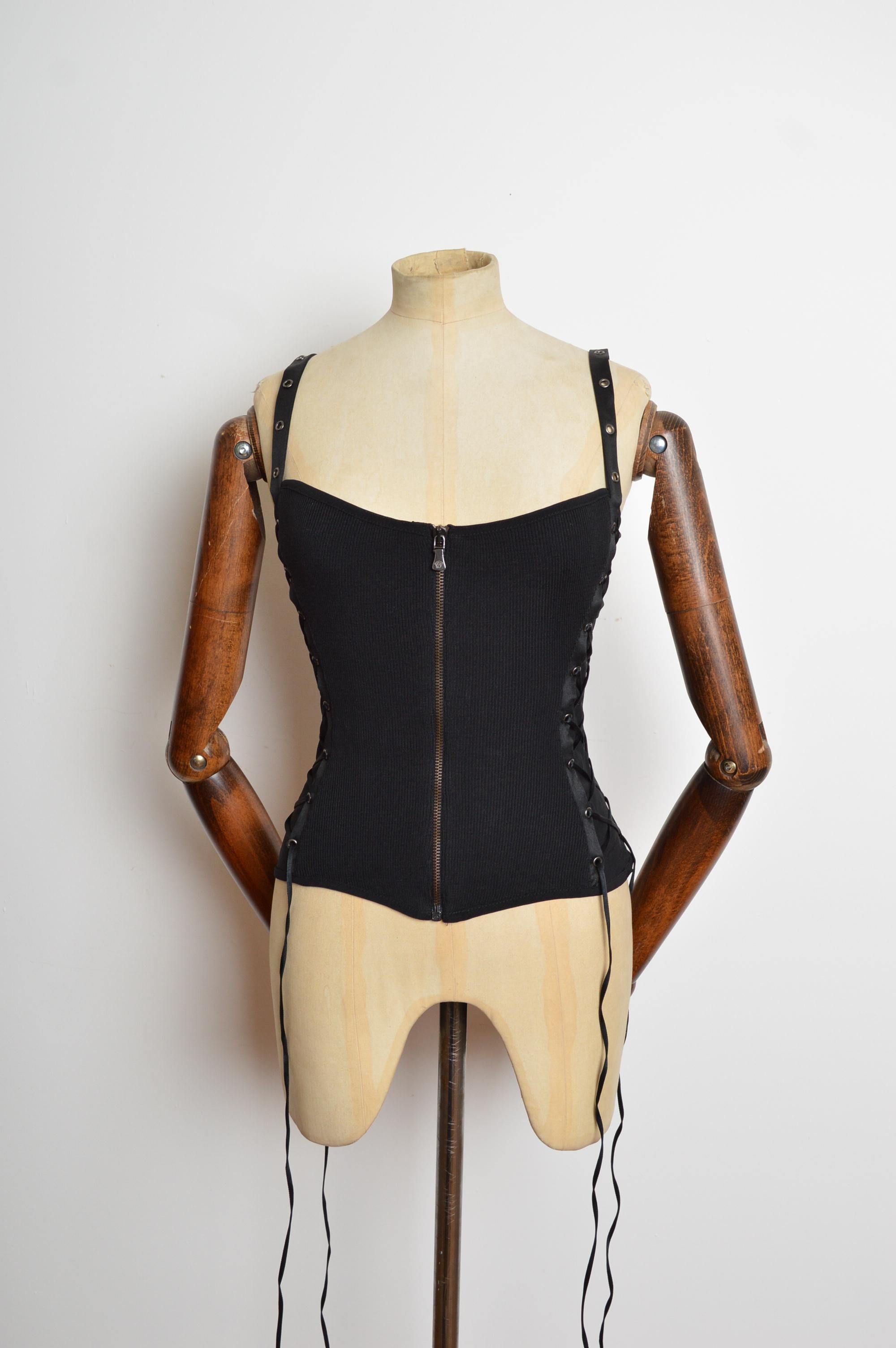 Y2k Donatella Versace era Black lace up sexy Camisole - Corset Tank Top In Good Condition For Sale In Sheffield, GB
