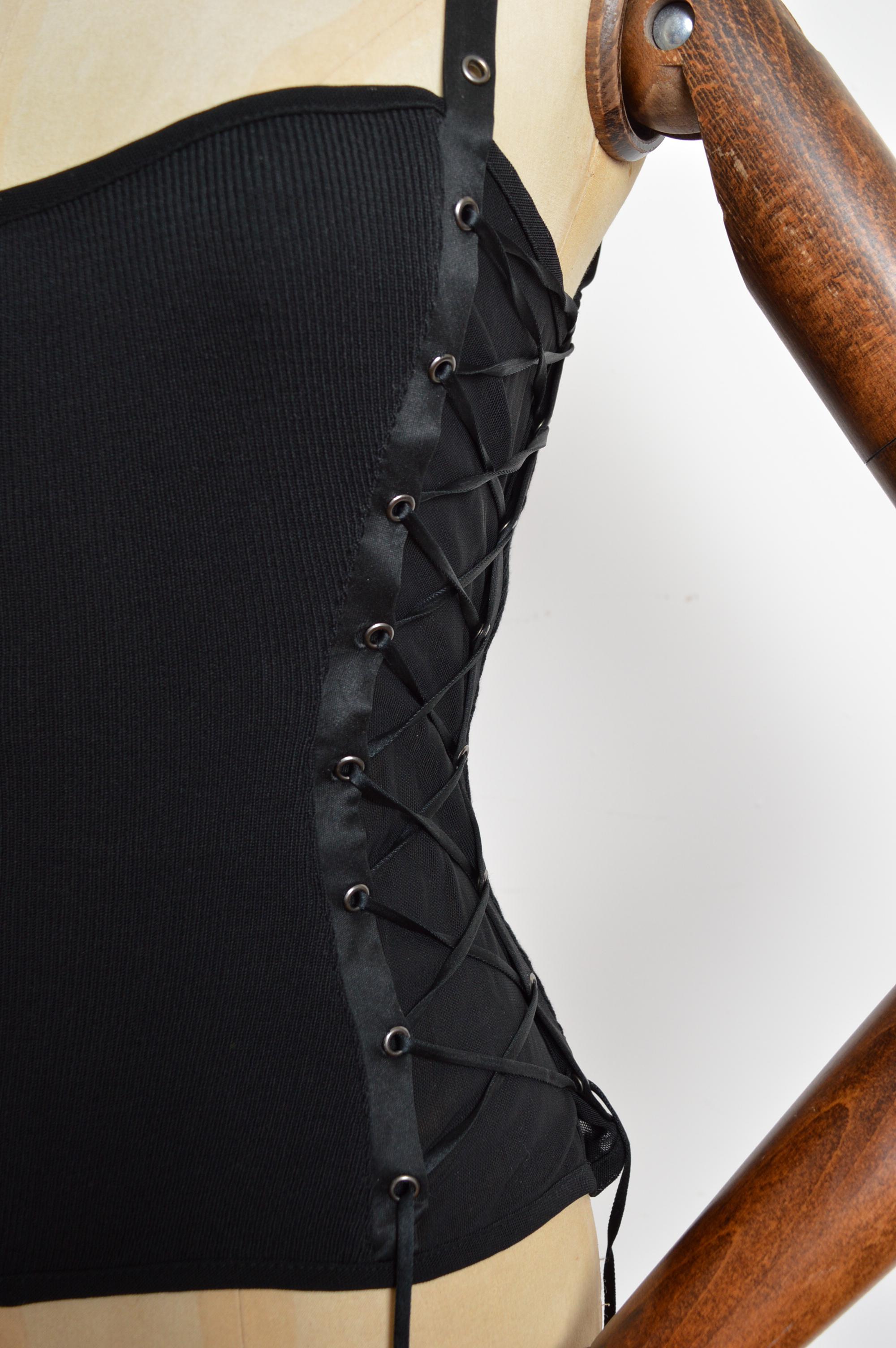 Y2k Donatella Versace era Black lace up sexy Camisole - Corset Tank Top For Sale 1