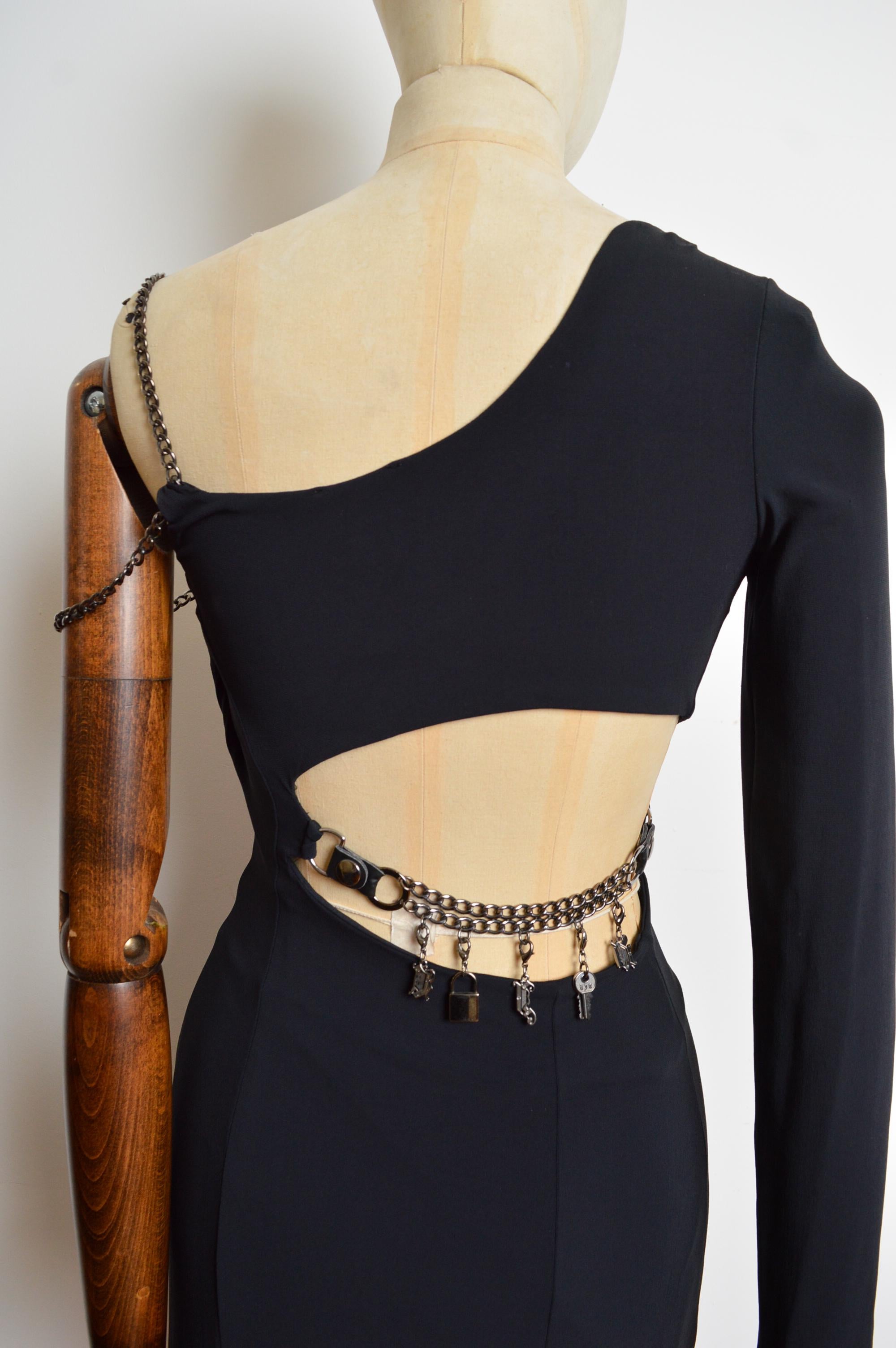 Y2k Donatella Versace One Sleeve / Shoulder 2000's Black Chain Dress In Good Condition For Sale In Sheffield, GB