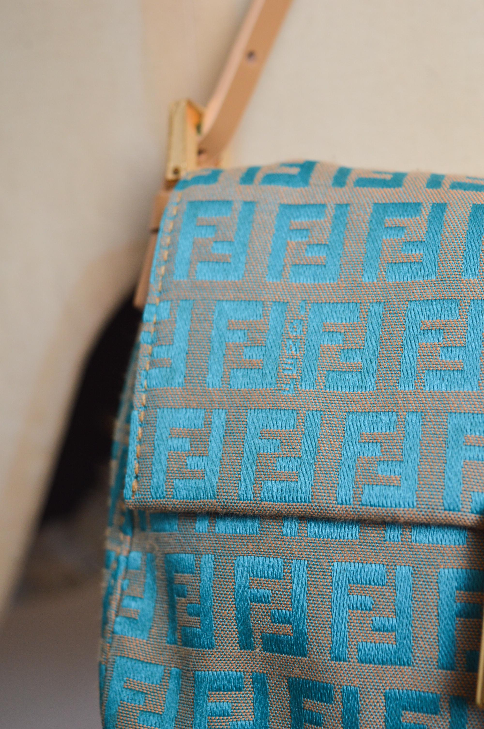 Y2k Fendi Shoulder Baguette Mini Blue & Beige Jacquard monogram Shoulder Bag 1