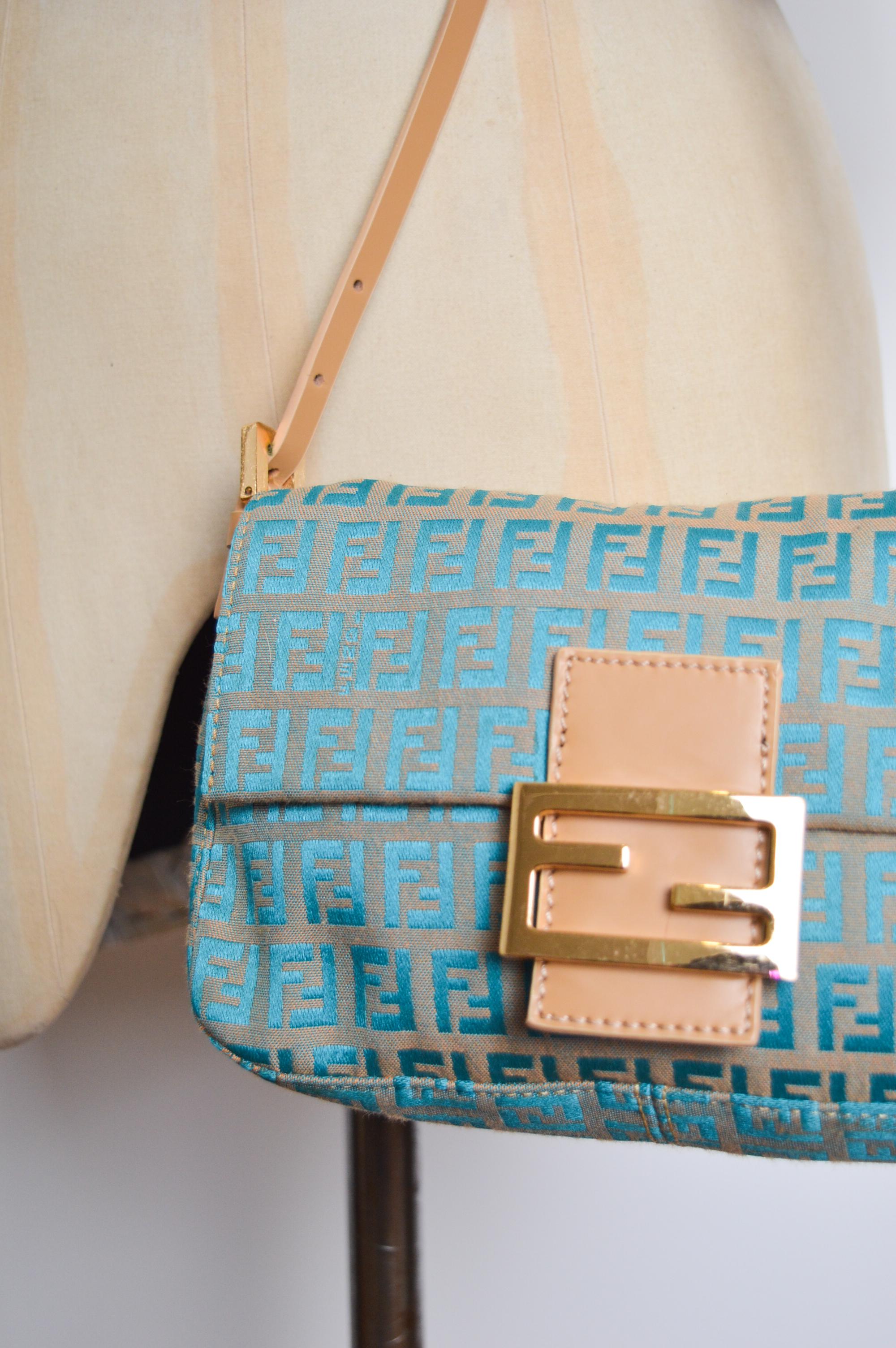 Y2k Fendi Shoulder Baguette Mini Blue & Beige Jacquard monogram Shoulder Bag 3