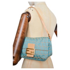 Y2k Fendi Shoulder Baguette Mini Blue & Beige Jacquard monogram Shoulder Bag