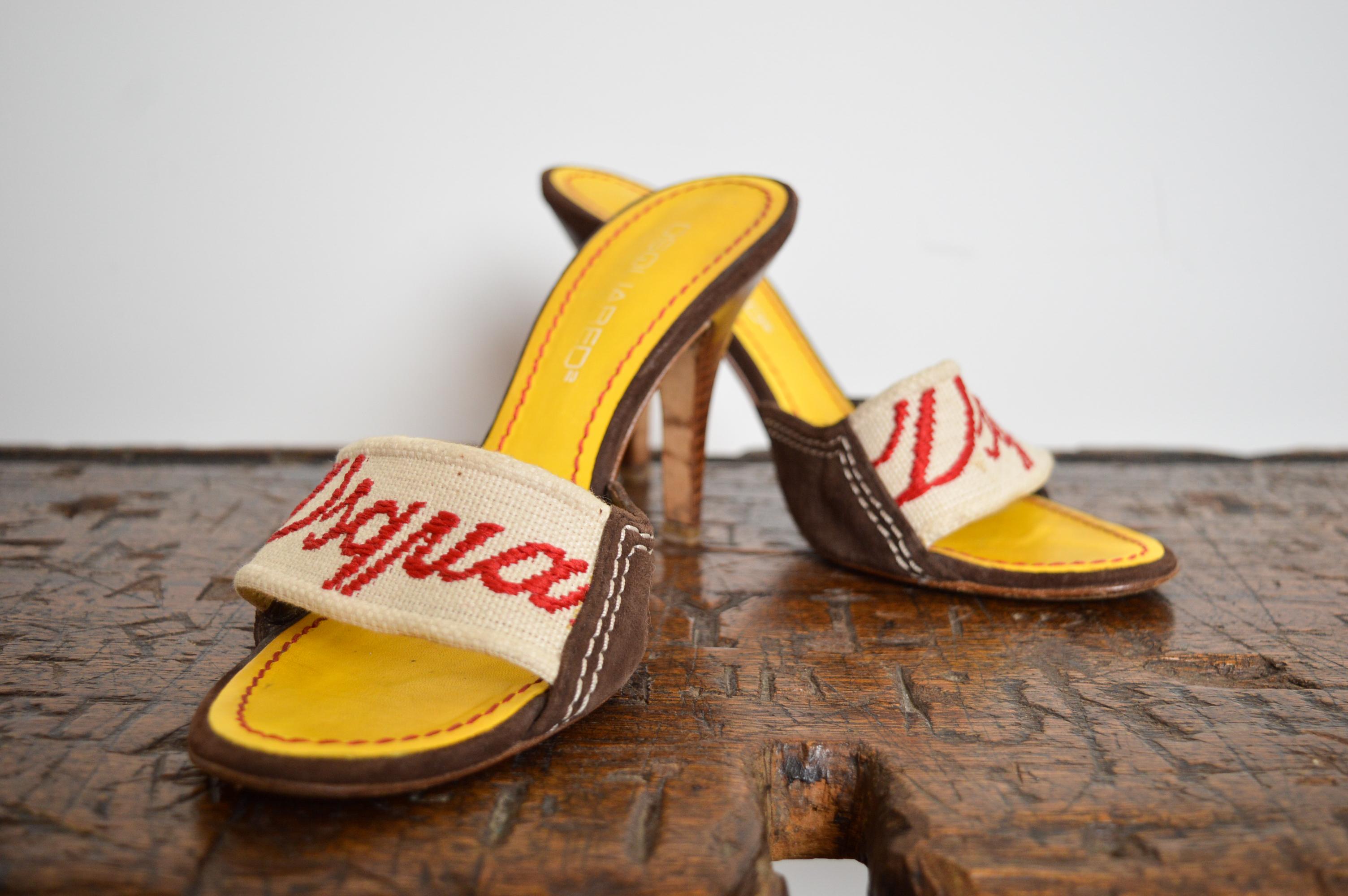 Y2K Funky 2000s DsQuared2 logo detail kitten mules yellow stiletto high heels 6