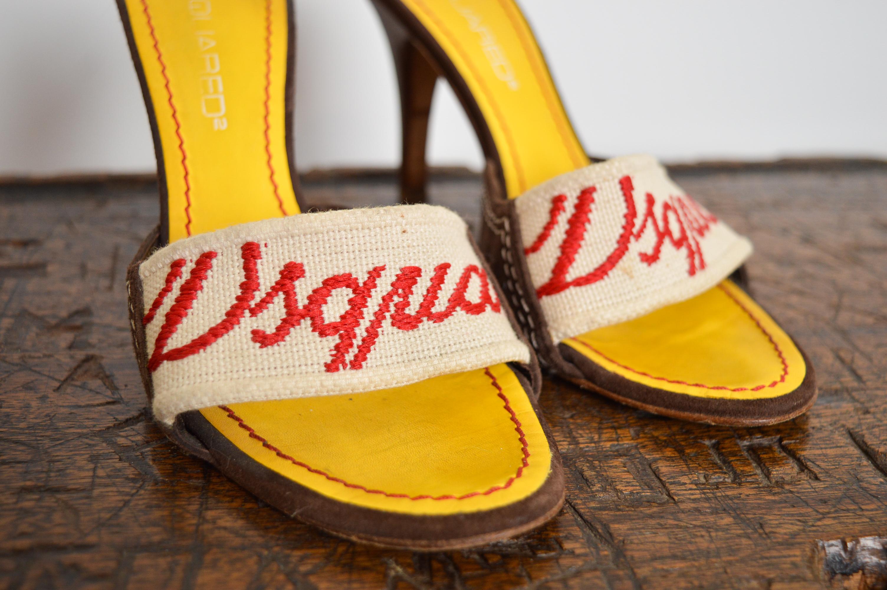 Yellow Y2K Funky 2000s DsQuared2 logo detail kitten mules yellow stiletto high heels