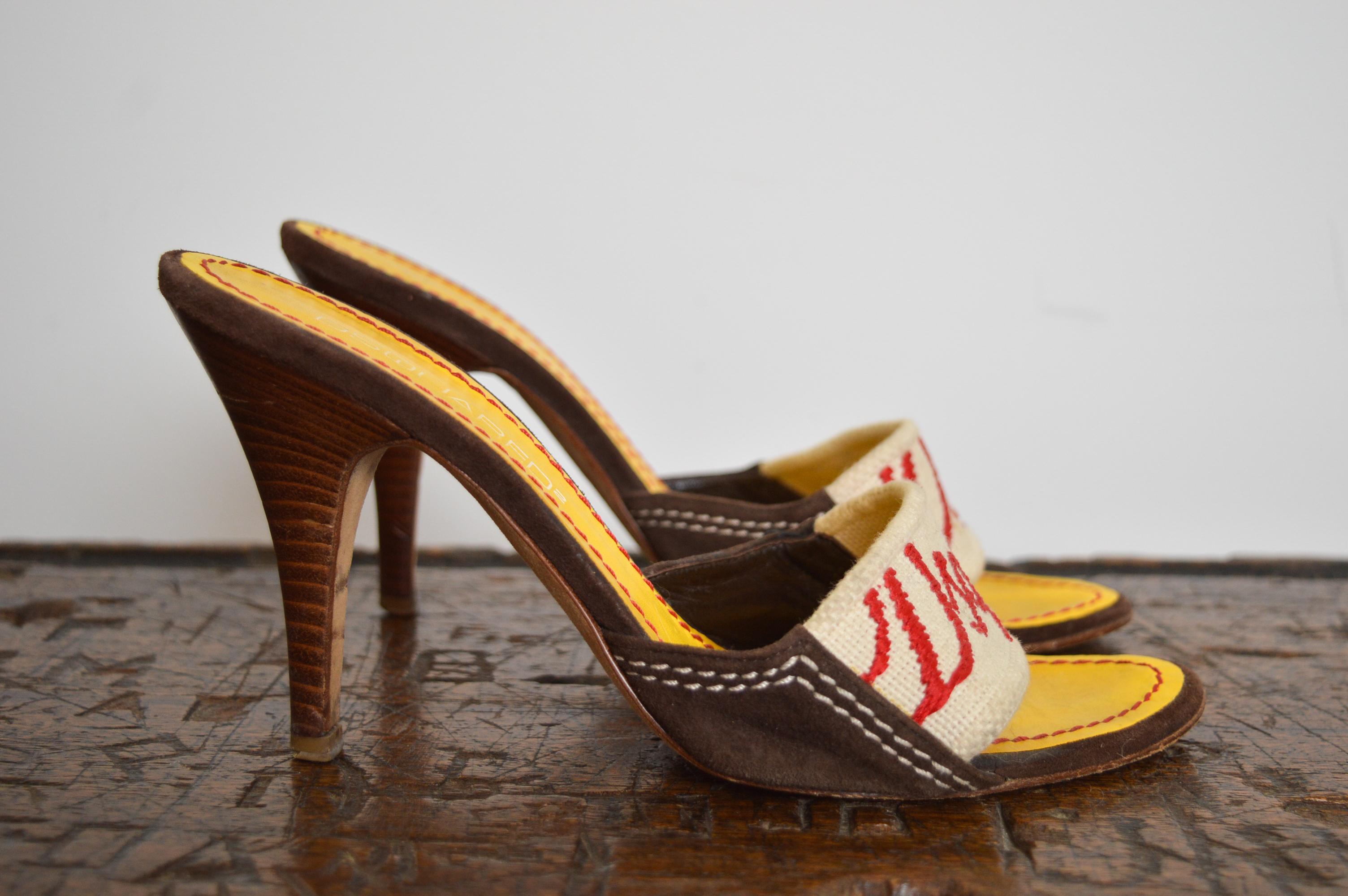 Women's Y2K Funky 2000s DsQuared2 logo detail kitten mules yellow stiletto high heels