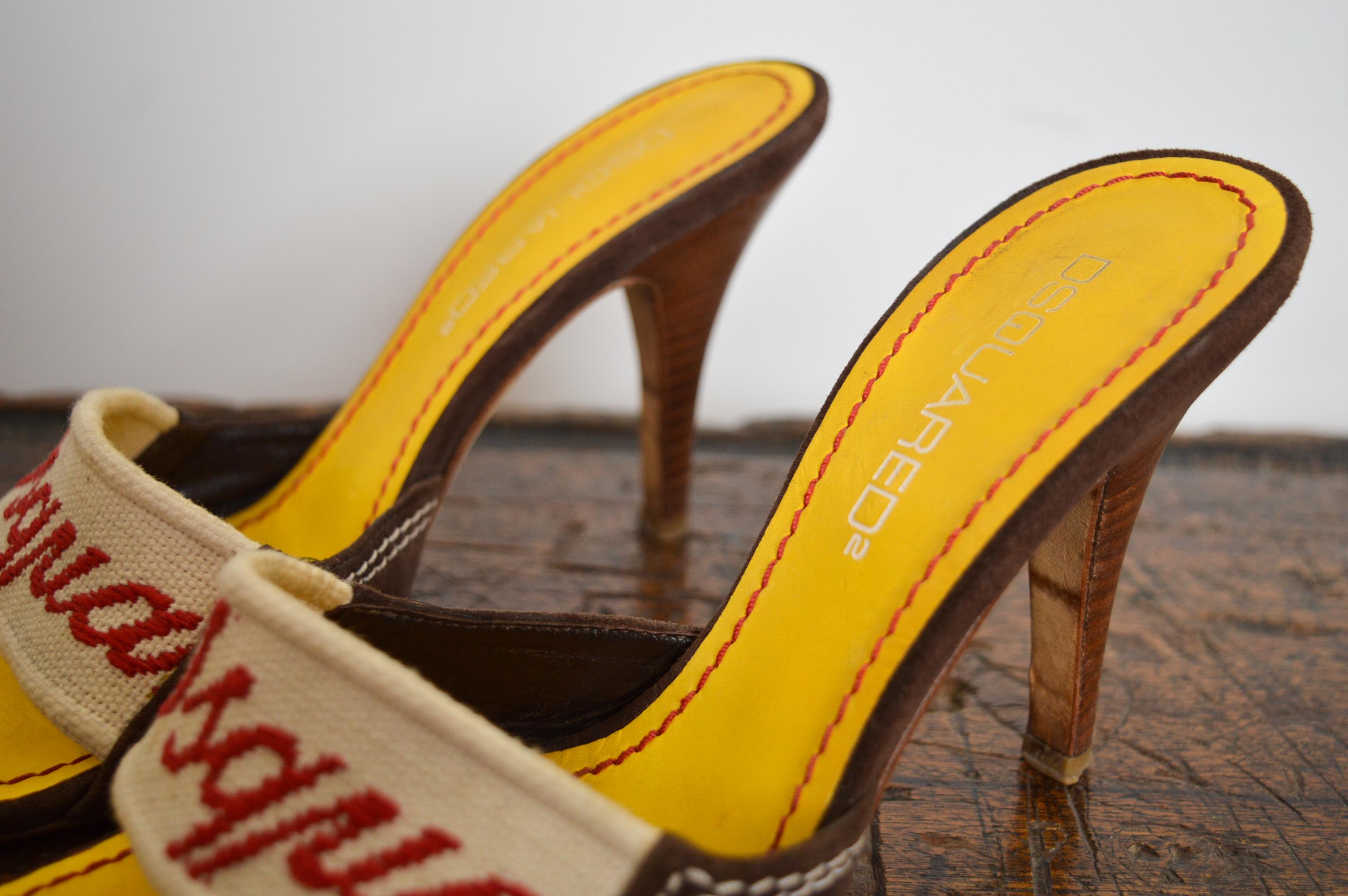 Y2K Funky 2000s DsQuared2 logo detail kitten mules yellow stiletto high heels 2