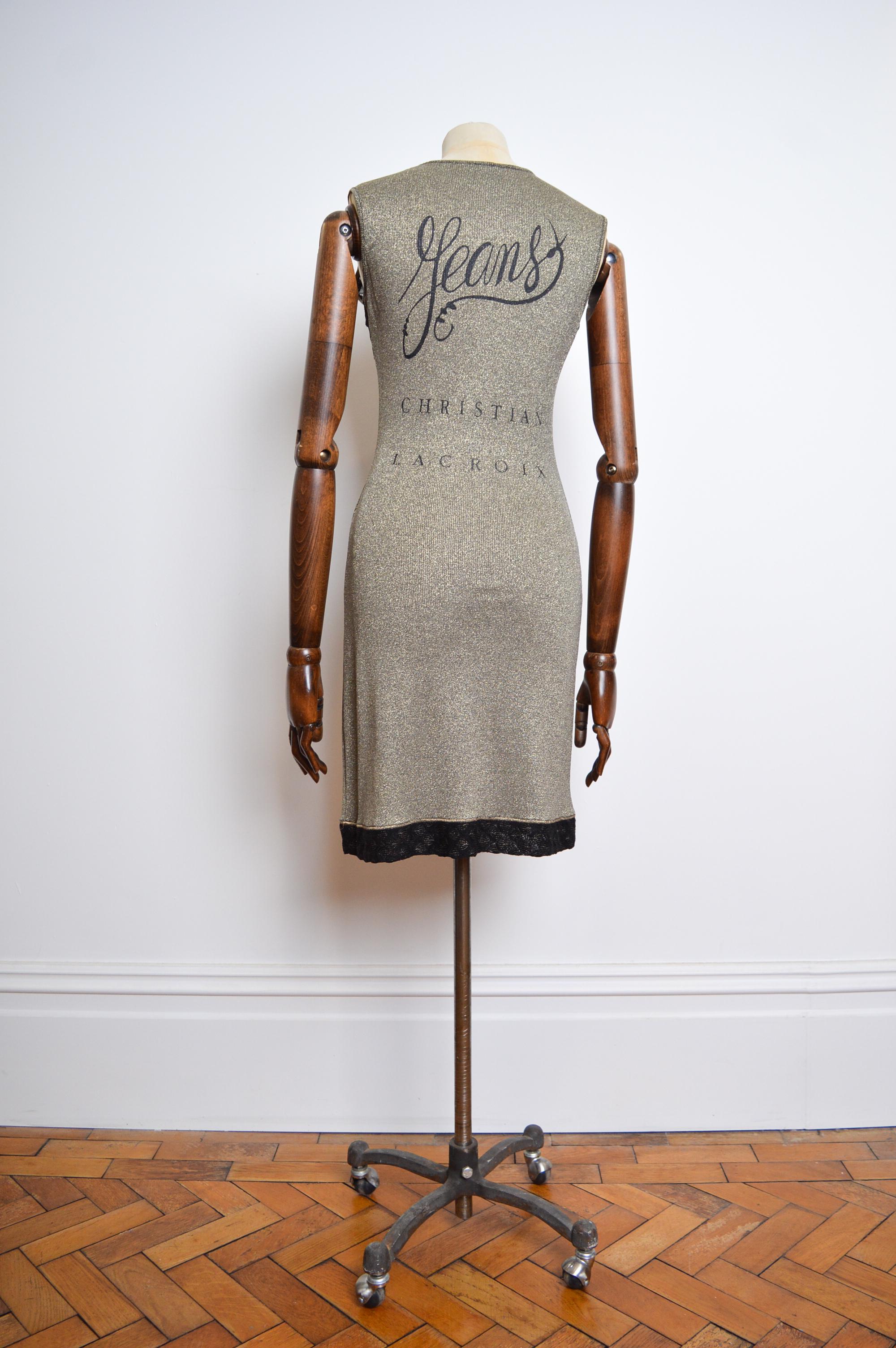 Y2k Gold Knitted Christian Lacroix Sheer lace Panelled Lamé Logo Mini Dress For Sale 4