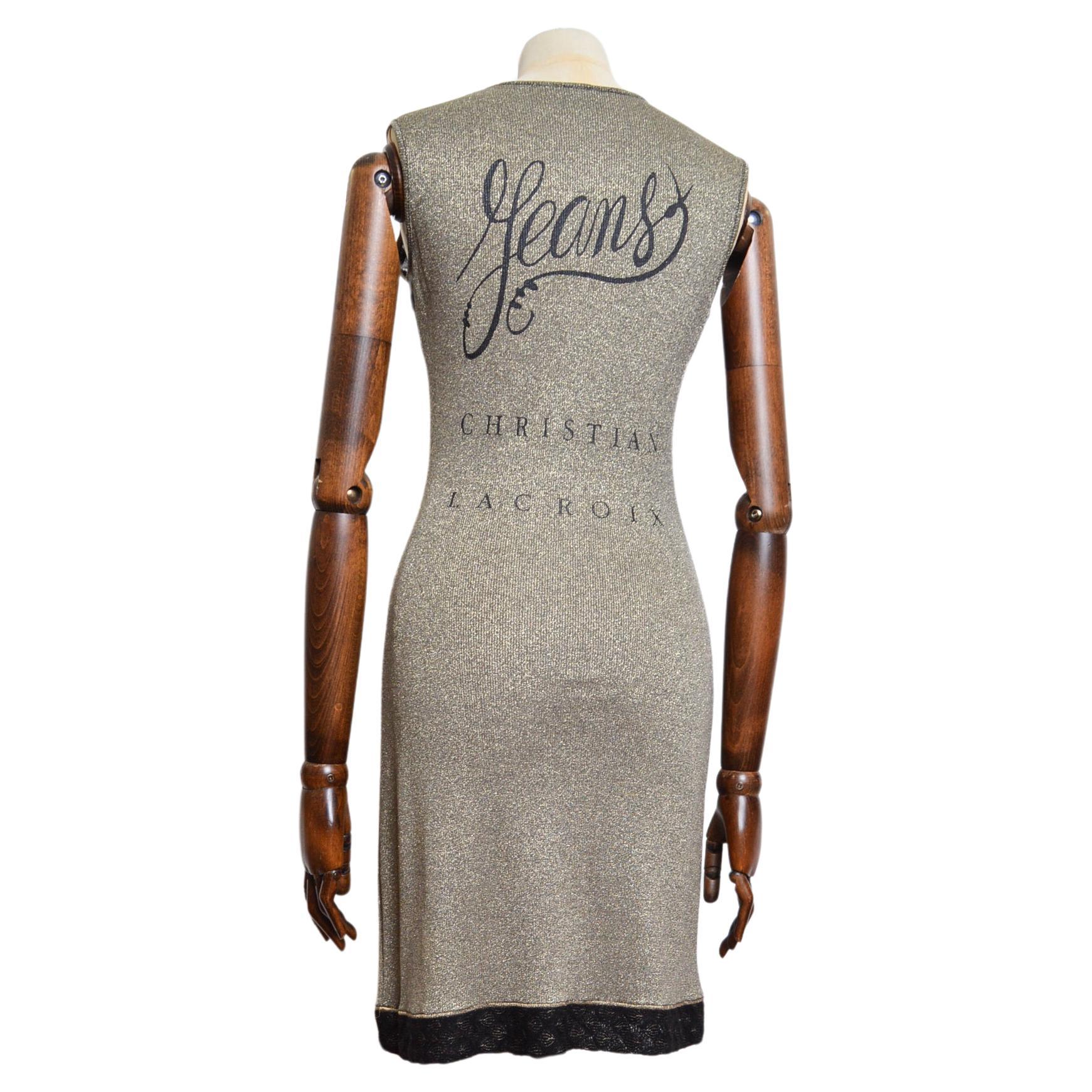 Y2k Gold Knitted Christian Lacroix Sheer lace Panelled Lamé Logo Mini Dress For Sale