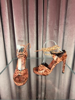 Y2K Gucci Pink and Burgundy Floral Leather Lace Up Heeled Sandals