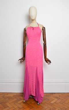 Y2K Hot Pink & Fuchsia 2000's Zebra Pattern Halter-neck Maxi Dress