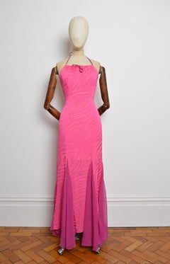 Y2K Hot Pink & Fuchsia 2000's Zebra Pattern Halter-neck Maxi Dress