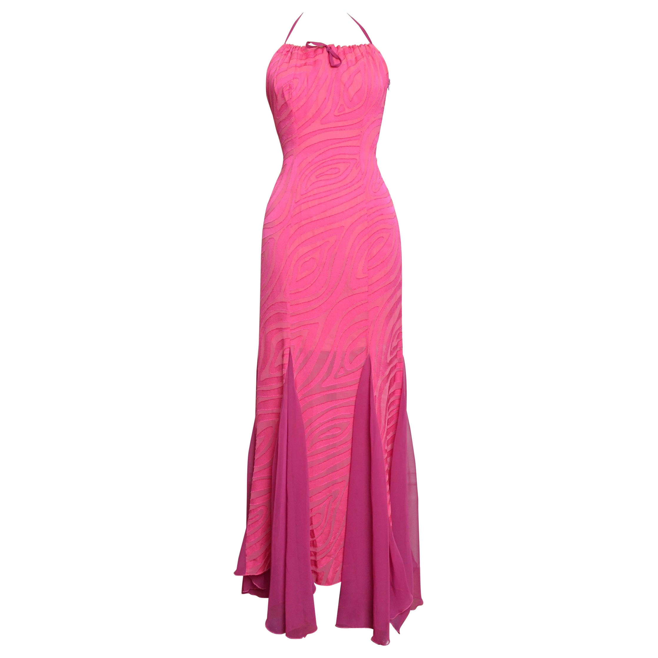 Y2K Hot Pink & Fuchsia 2000's Zebra Pattern Halter-neck Maxi Dress For Sale