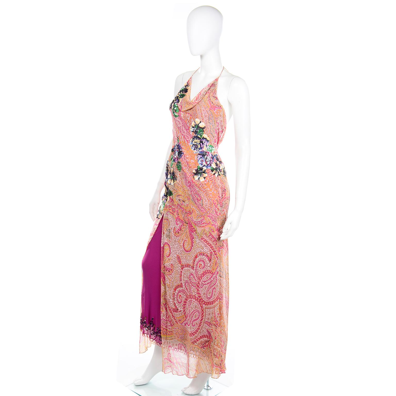 Y2K Jenny Packham Silk Bias Cut Evening Slip Dress With Beading and Sequins In Excellent Condition In Portland, OR