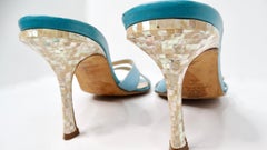 Y2K Jimmy Choo Blue Mother Of Pearl Detailed Kitten Heel Sandals