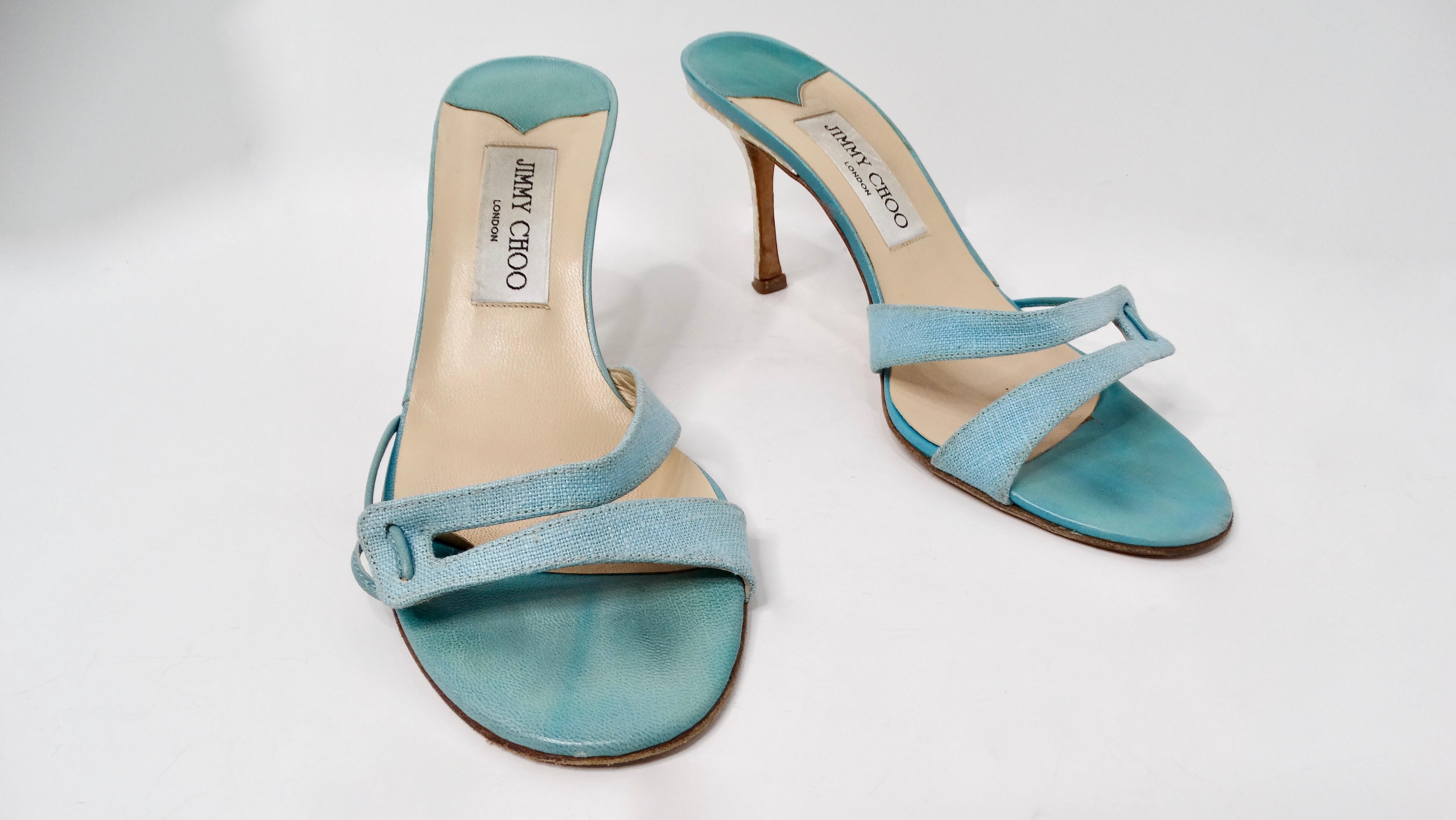 Gray Y2K Jimmy Choo Blue Mother Of Pearl Detailed Kitten Heel Sandals For Sale