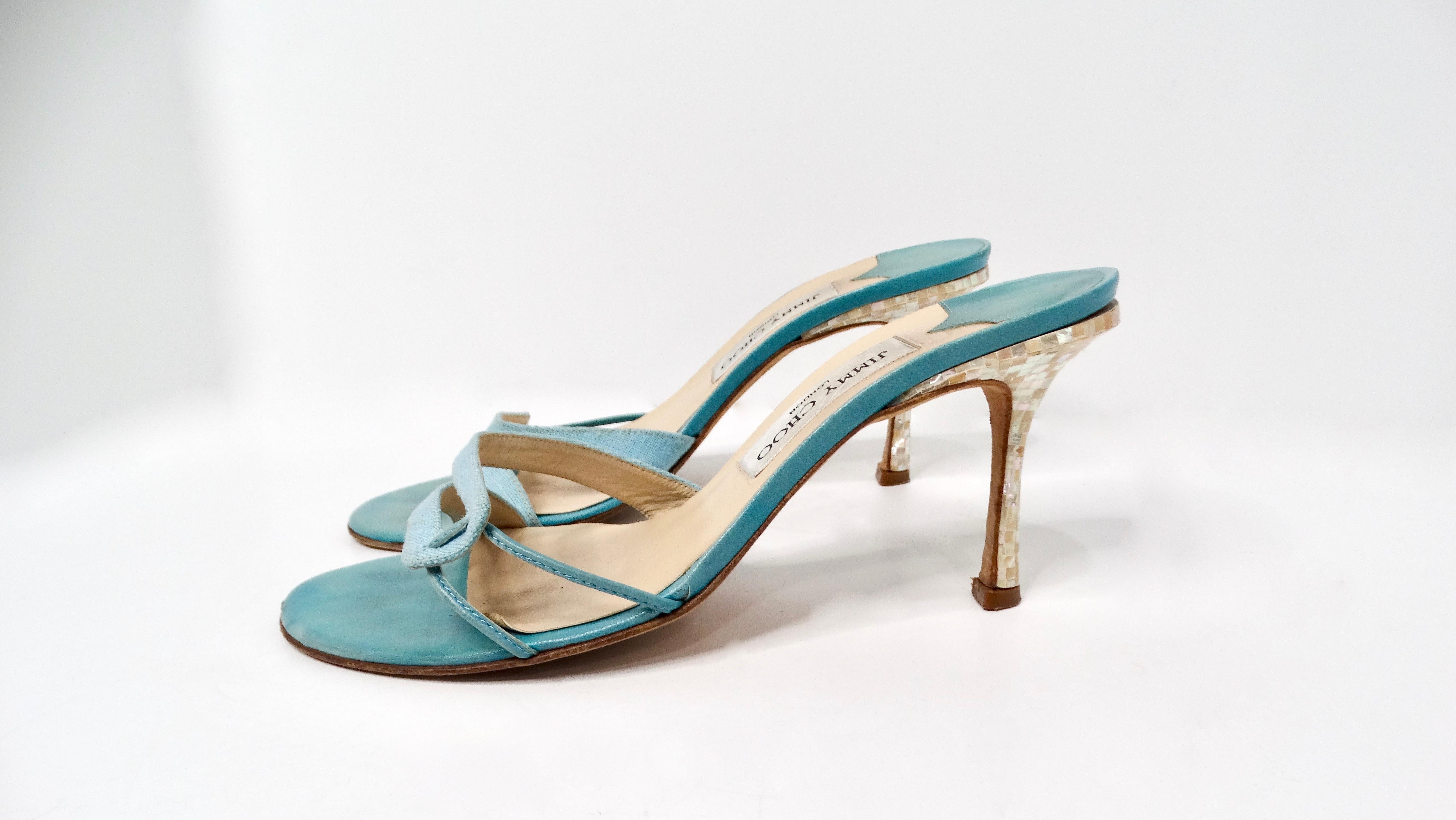 Y2K Jimmy Choo Blue Mother Of Pearl Detailed Kitten Heel Sandals In Good Condition For Sale In Scottsdale, AZ