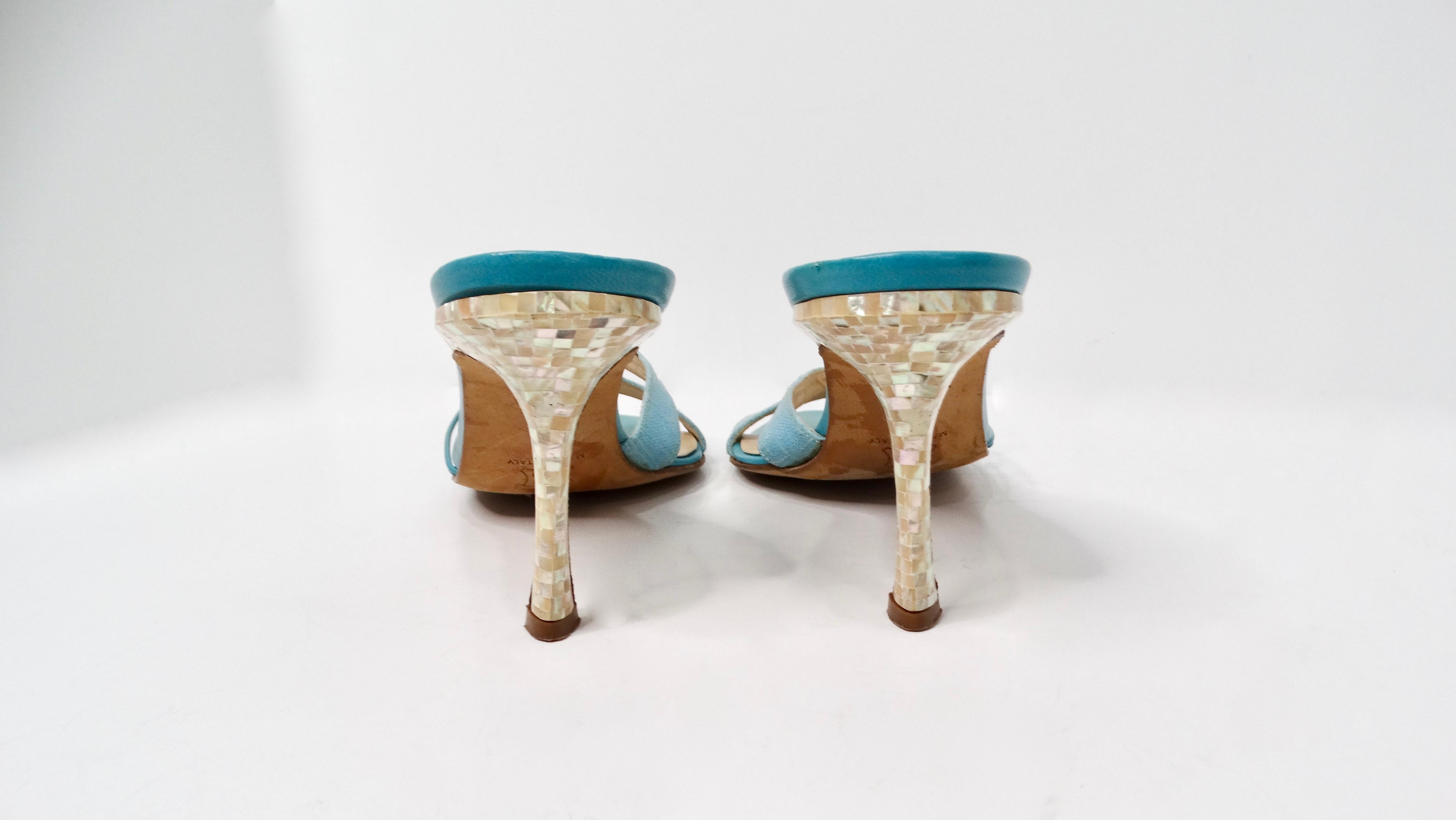Women's Y2K Jimmy Choo Blue Mother Of Pearl Detailed Kitten Heel Sandals For Sale