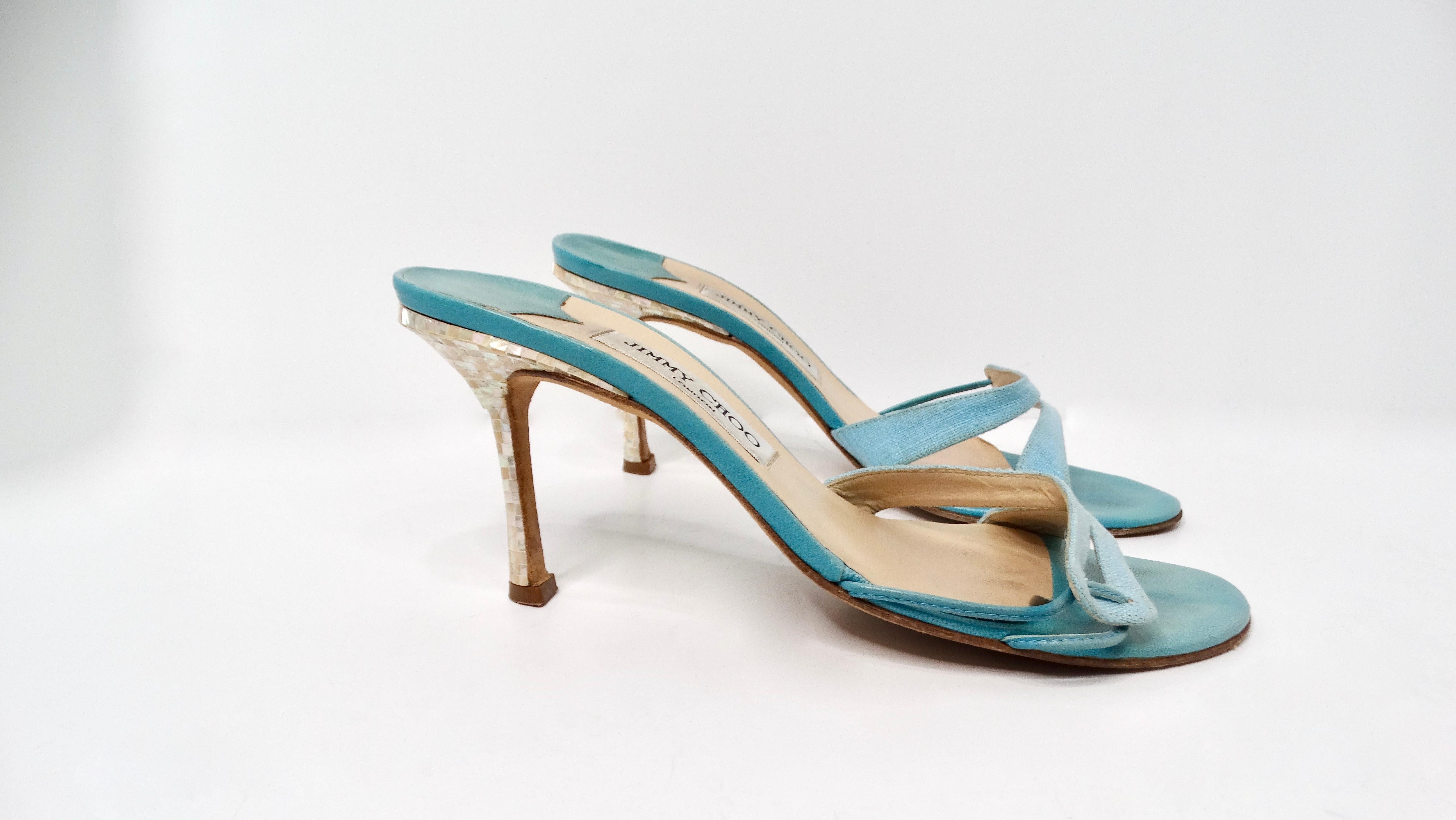 Y2K Jimmy Choo Blue Mother Of Pearl Detailed Kitten Heel Sandals For Sale 1