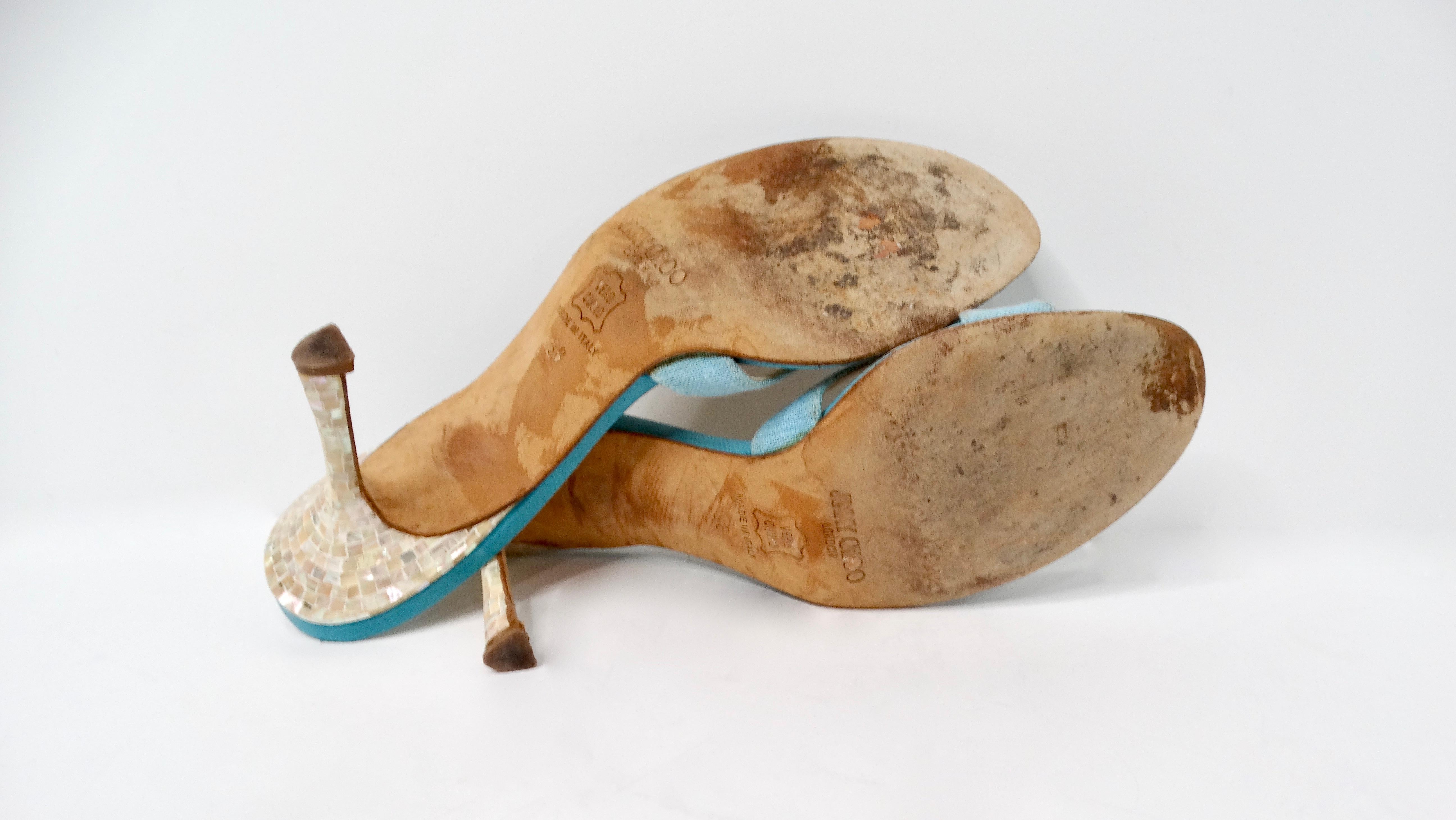 Y2K Jimmy Choo Blue Mother Of Pearl Detailed Kitten Heel Sandals For Sale 3