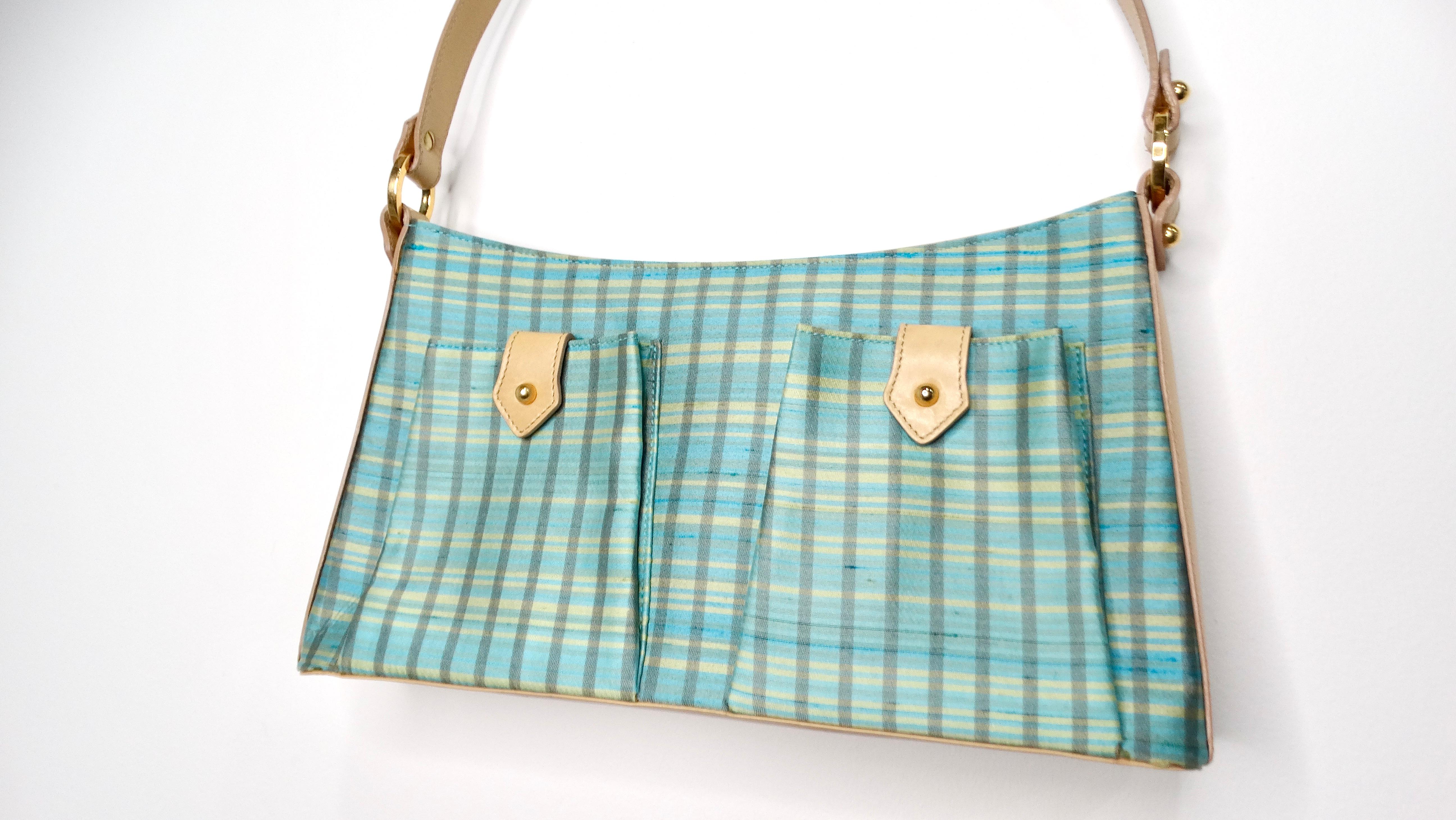 Gray Y2K Jimmy Choo Blue Plaid Satin & Leather Shoulder Bag For Sale