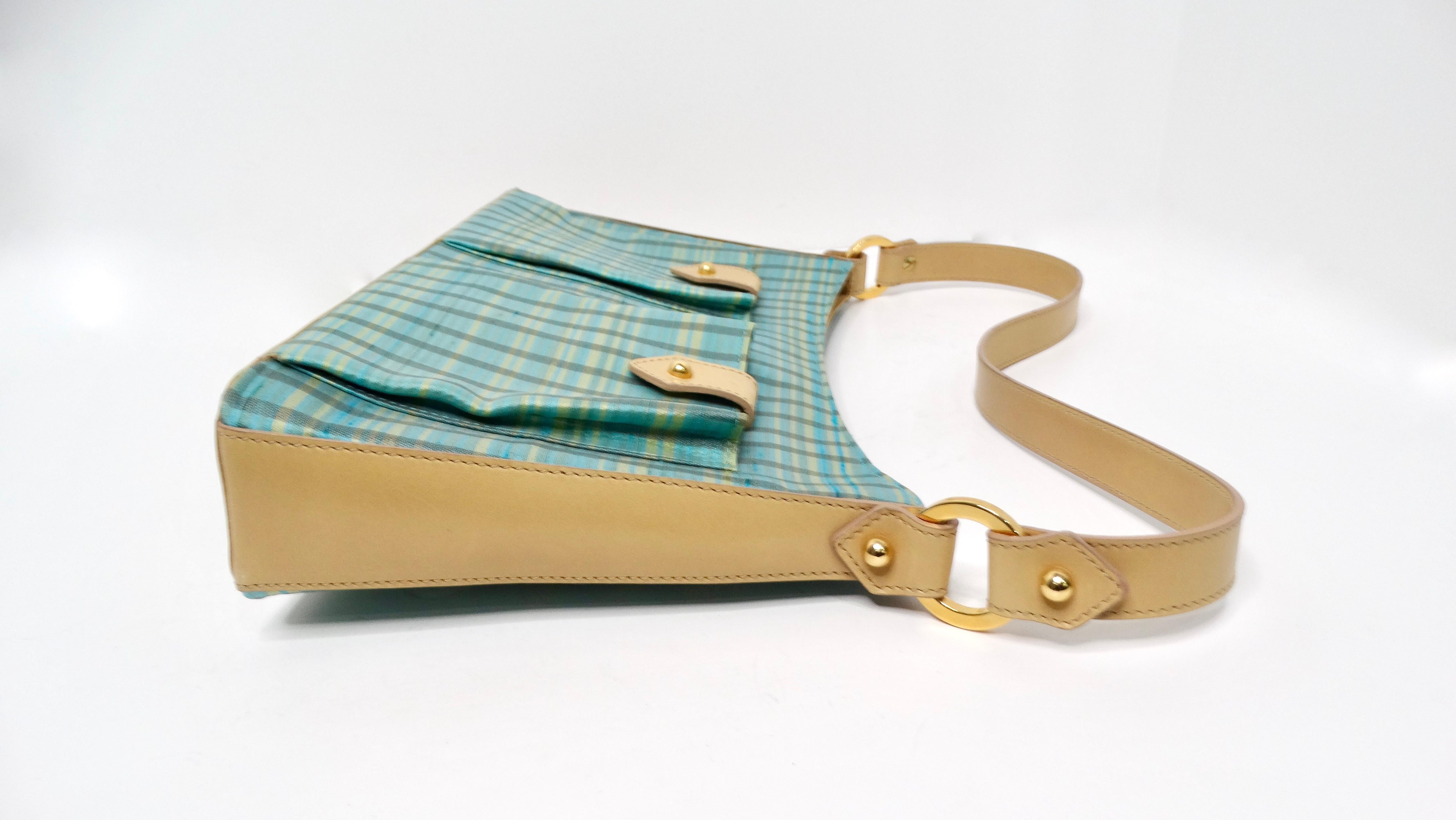 Y2K Jimmy Choo Blue Plaid Satin & Leather Shoulder Bag In Good Condition For Sale In Scottsdale, AZ