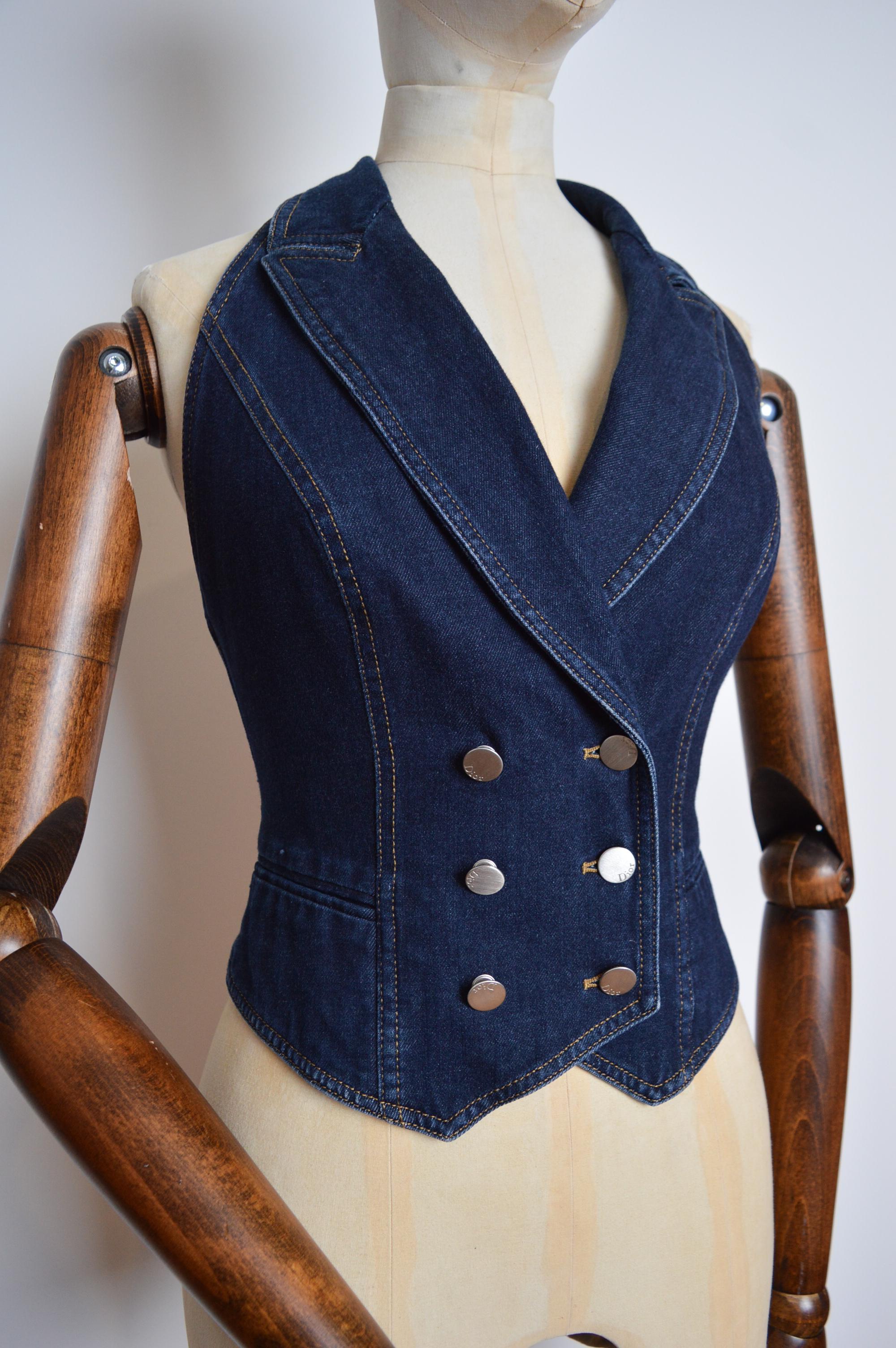 Early 2000's Dark Blue denim, backless waistcoat style Top by John Galliano for Christian Dior.

Featuring a double breasted front with tuxedo style collar and deep, scooped adjustable back (with metal 'Dior' embossed hardware) to ensure the perfect