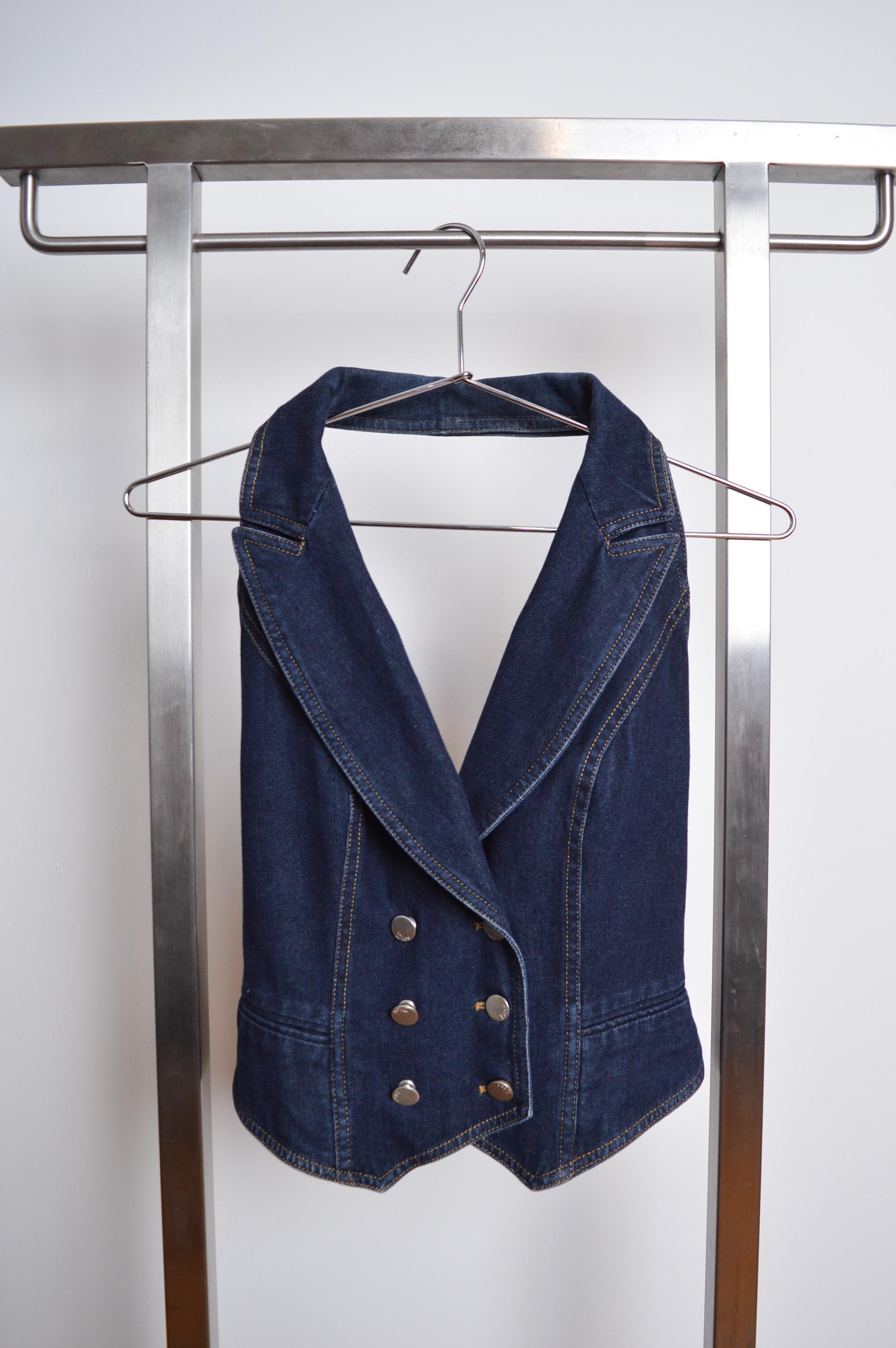 Women's y2k John Galliano for Christian Dior Dark Blue Denim Backless Tux waistcoat Top For Sale