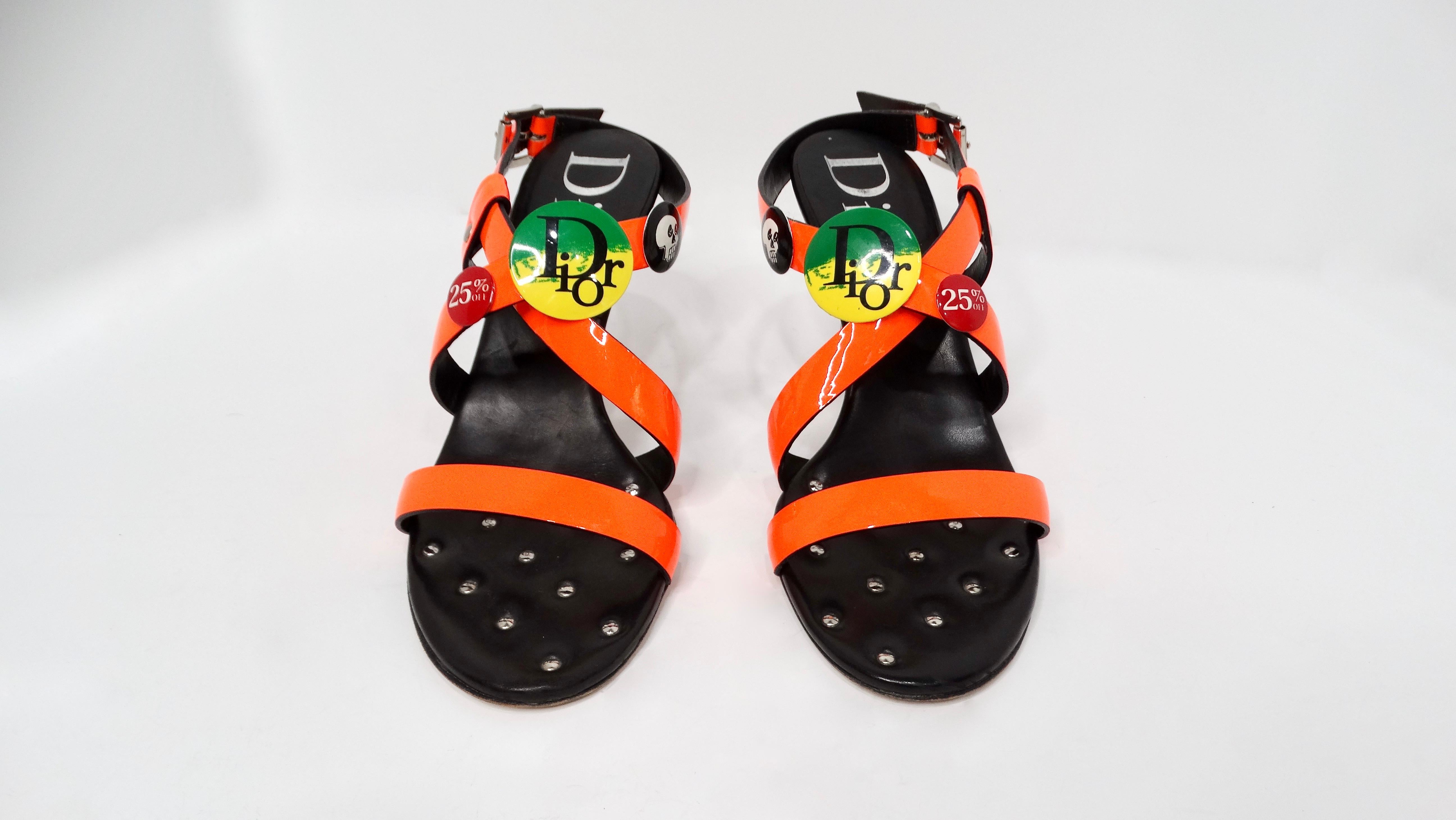 Nero Y2K John Galliano for Christian Dior Neon Rasta Badge Patent Leather Sandal Heels in vendita