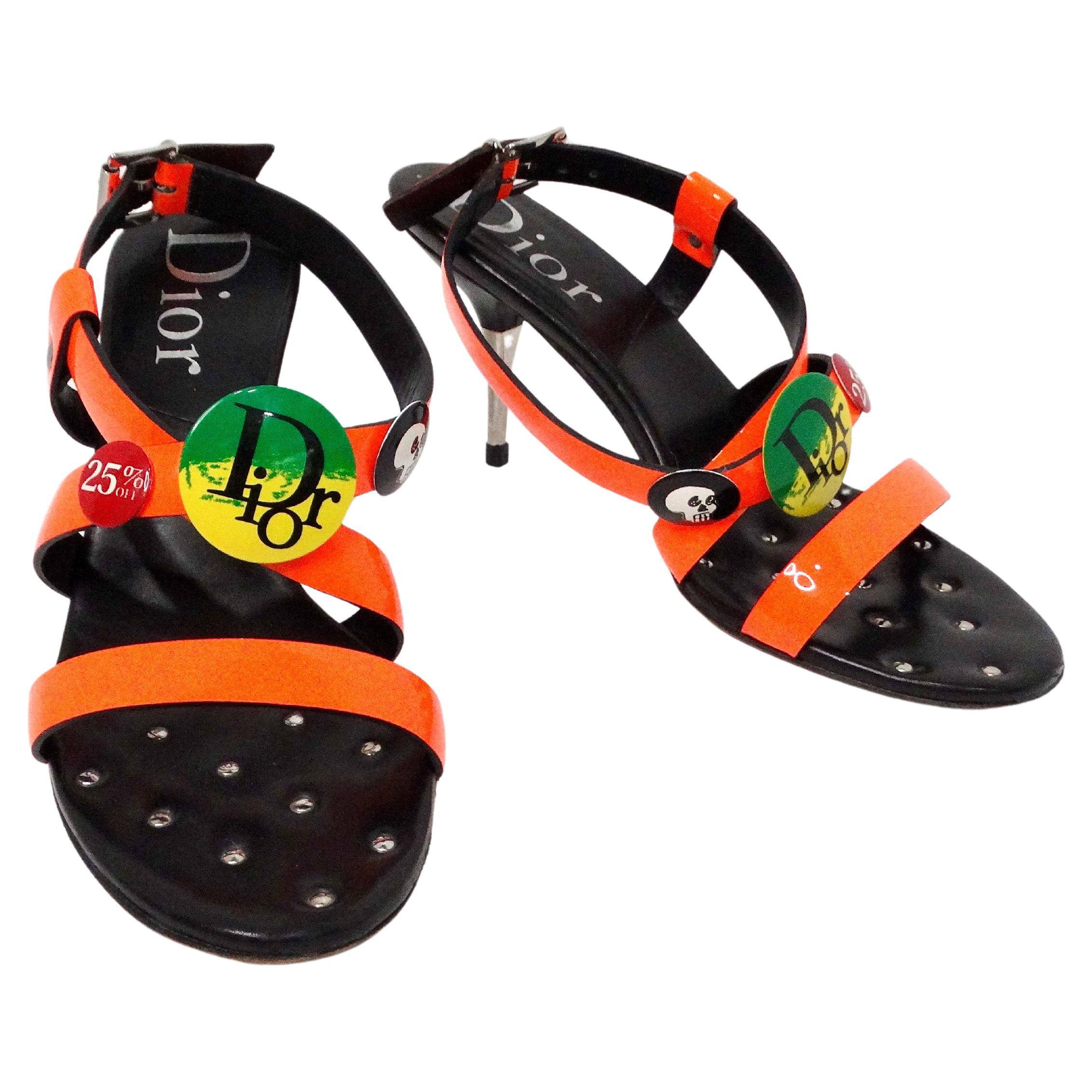 Y2K John Galliano for Christian Dior Neon Rasta Badge Patent Leather Sandal Heels in vendita