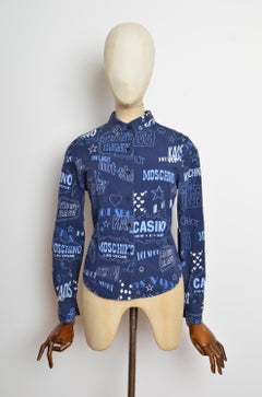 Y2K MOSCHINO Fitted Blue Las Vegas Casino Print 2000's Long Sleeve Shirt