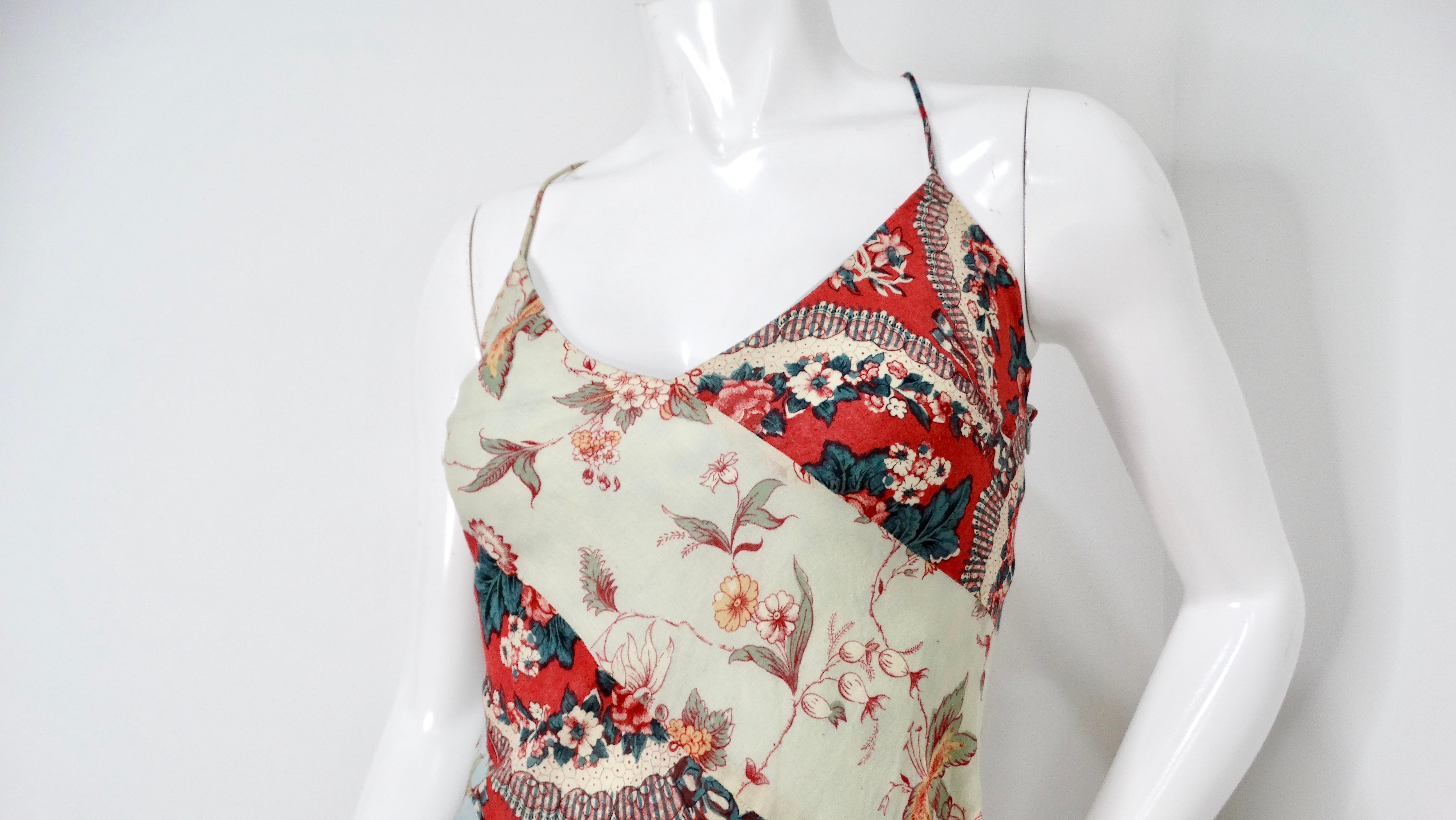 Gray Y2K Ralph Lauren Floral Multicolor Print Distressed Cotton Sleeveless Midi Dress For Sale