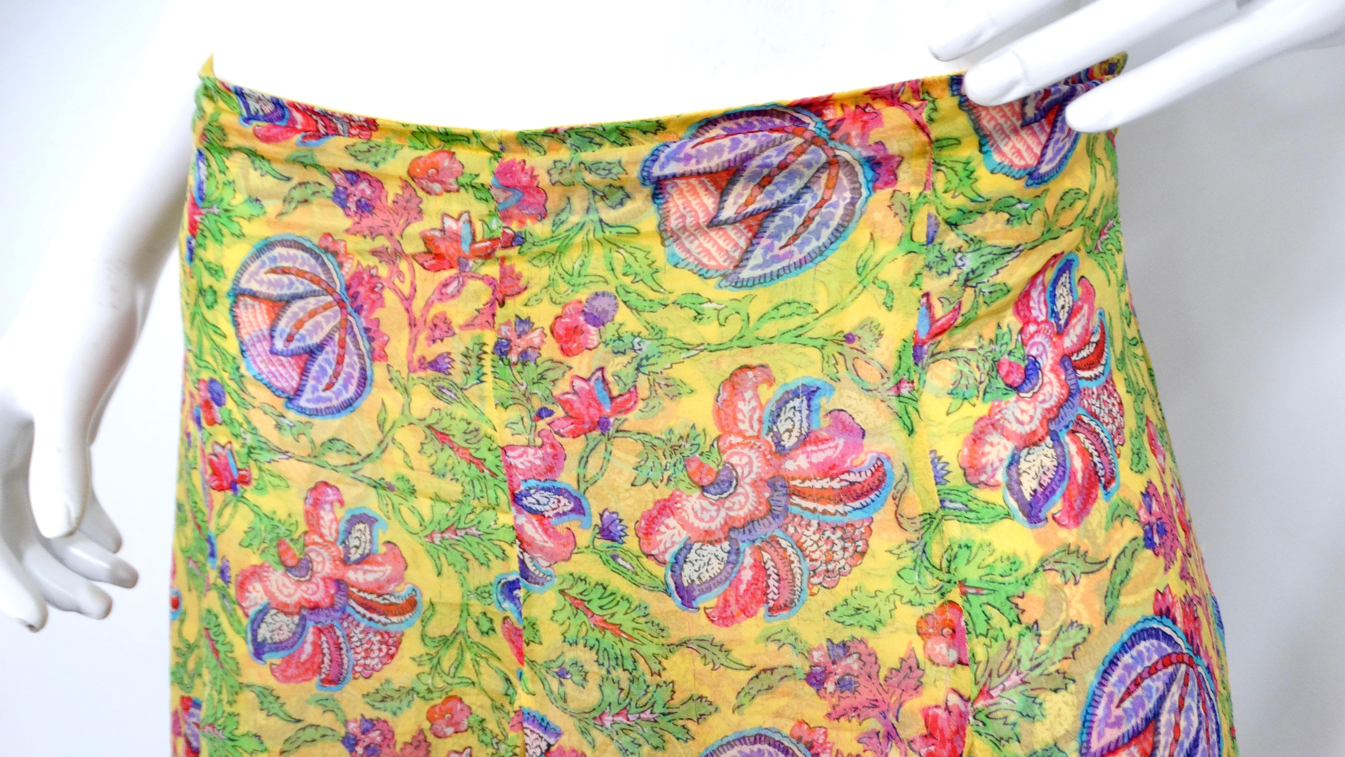 Y2K Ralph Lauren Silk Yellow Floral Print Skirt In Good Condition For Sale In Scottsdale, AZ