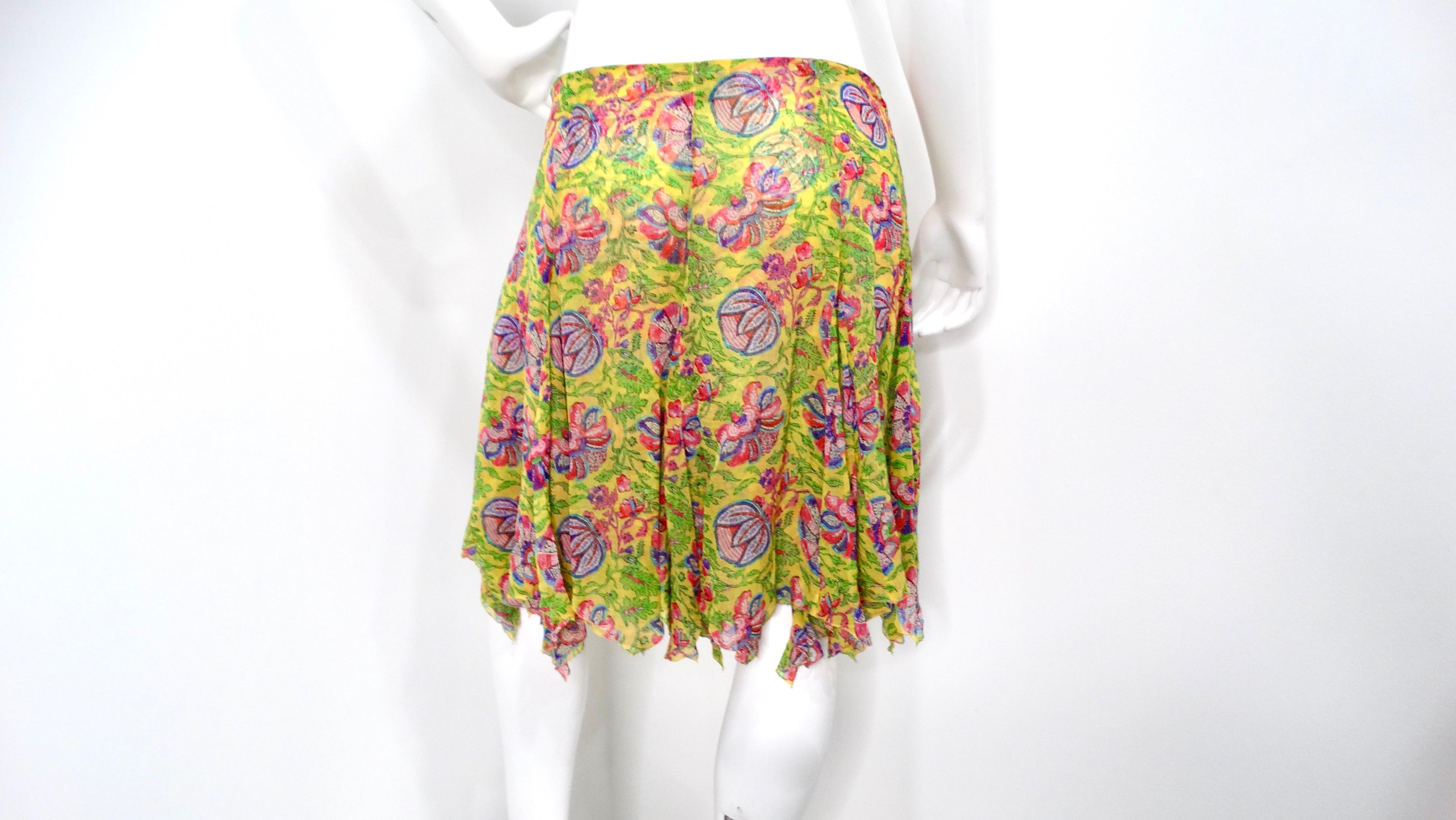 Y2K Ralph Lauren Silk Yellow Floral Print Skirt For Sale 1