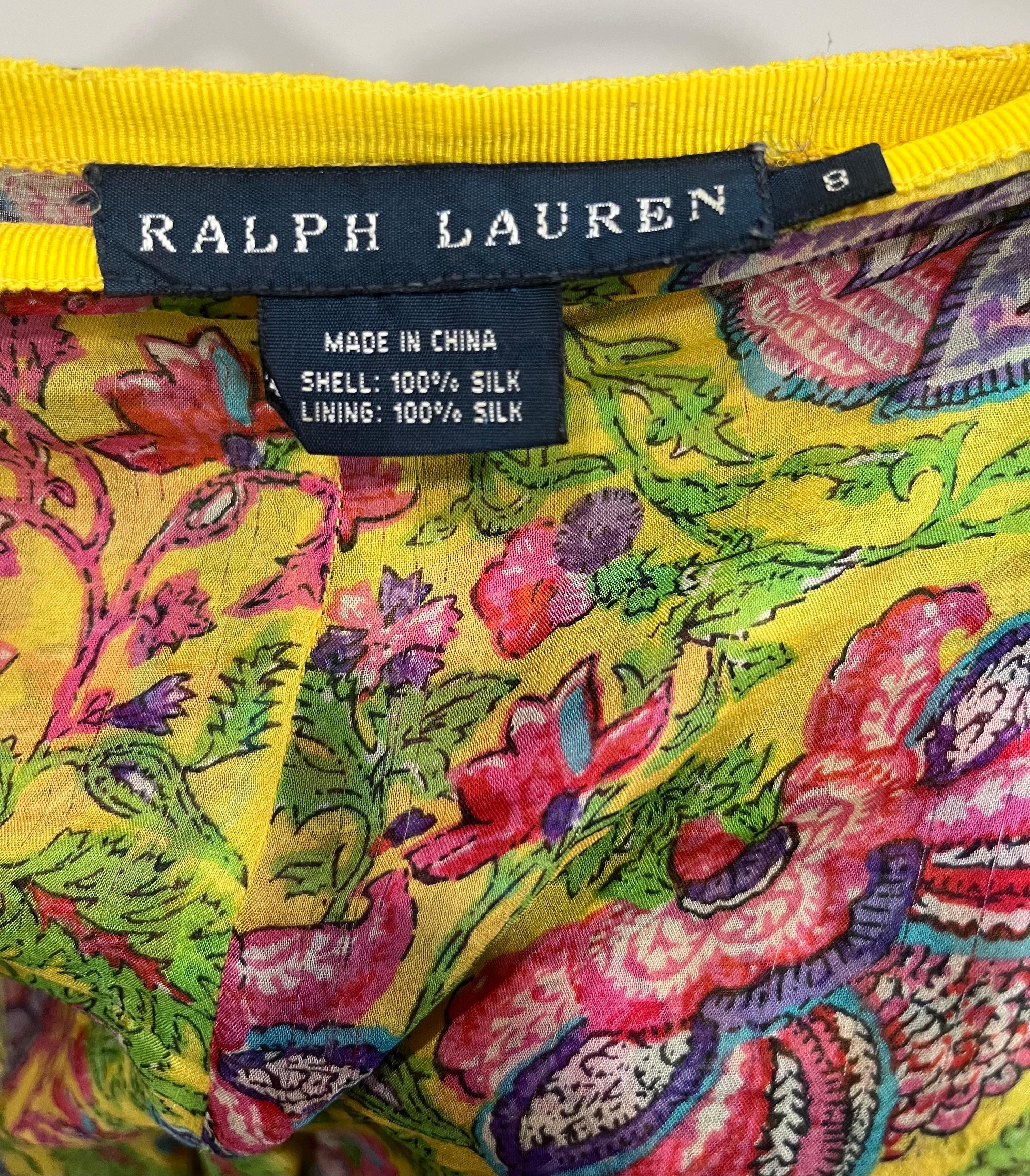Y2K Ralph Lauren Silk Yellow Floral Print Skirt For Sale 3