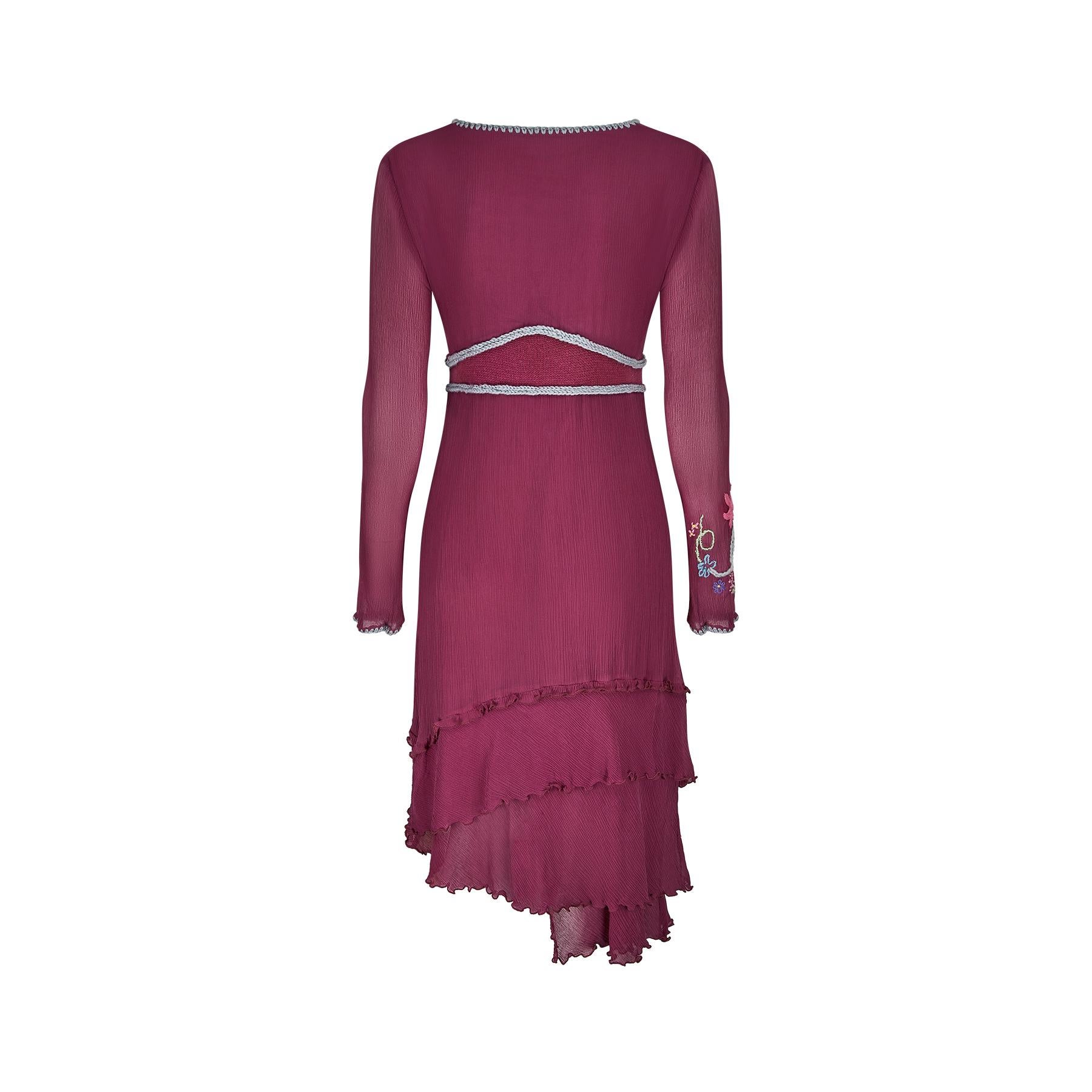 Brown Y2K Silk Crepe and Wool Embroidered Boho Dress For Sale
