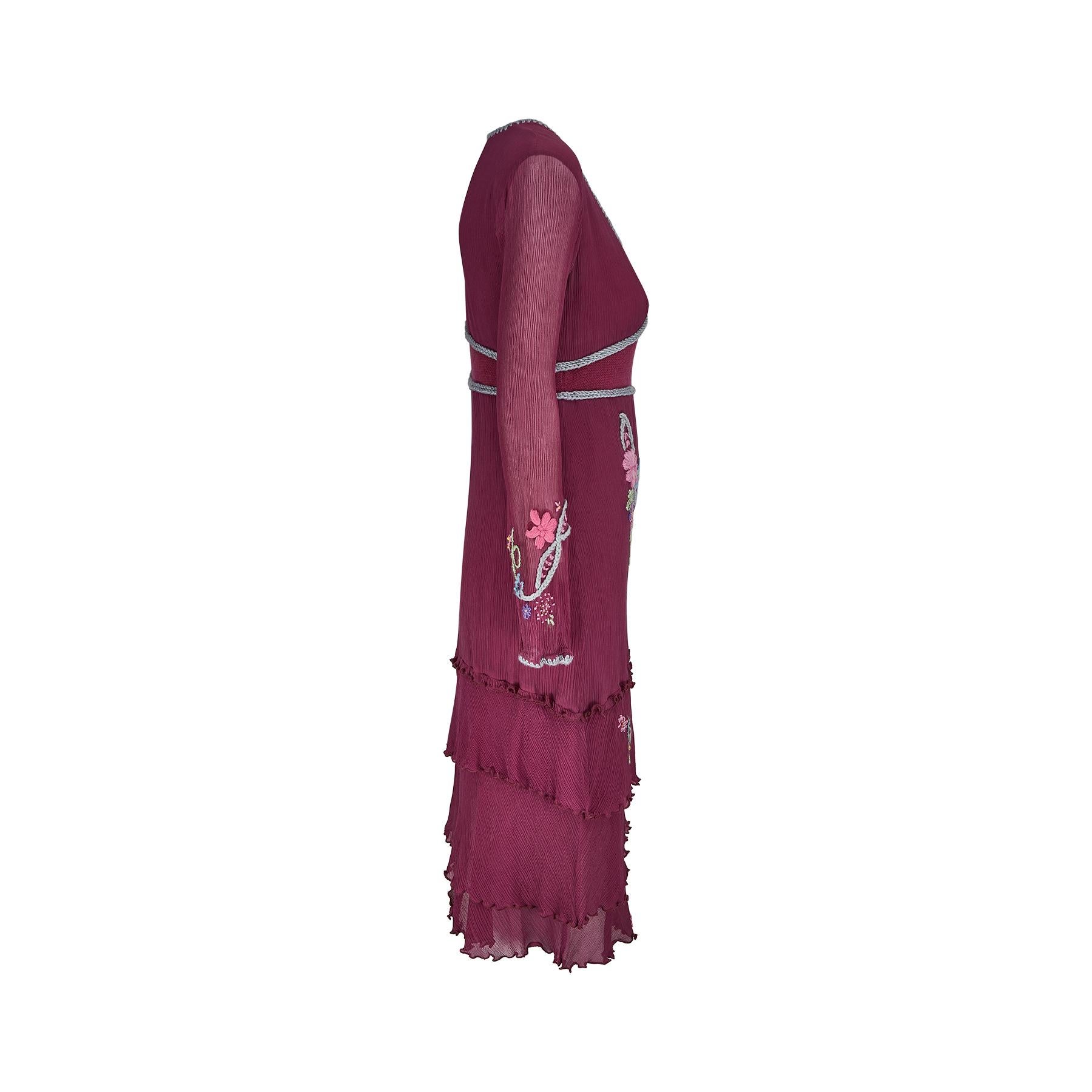 Y2K Silk Crepe and Wool Embroidered Boho Dress In Excellent Condition For Sale In London, GB