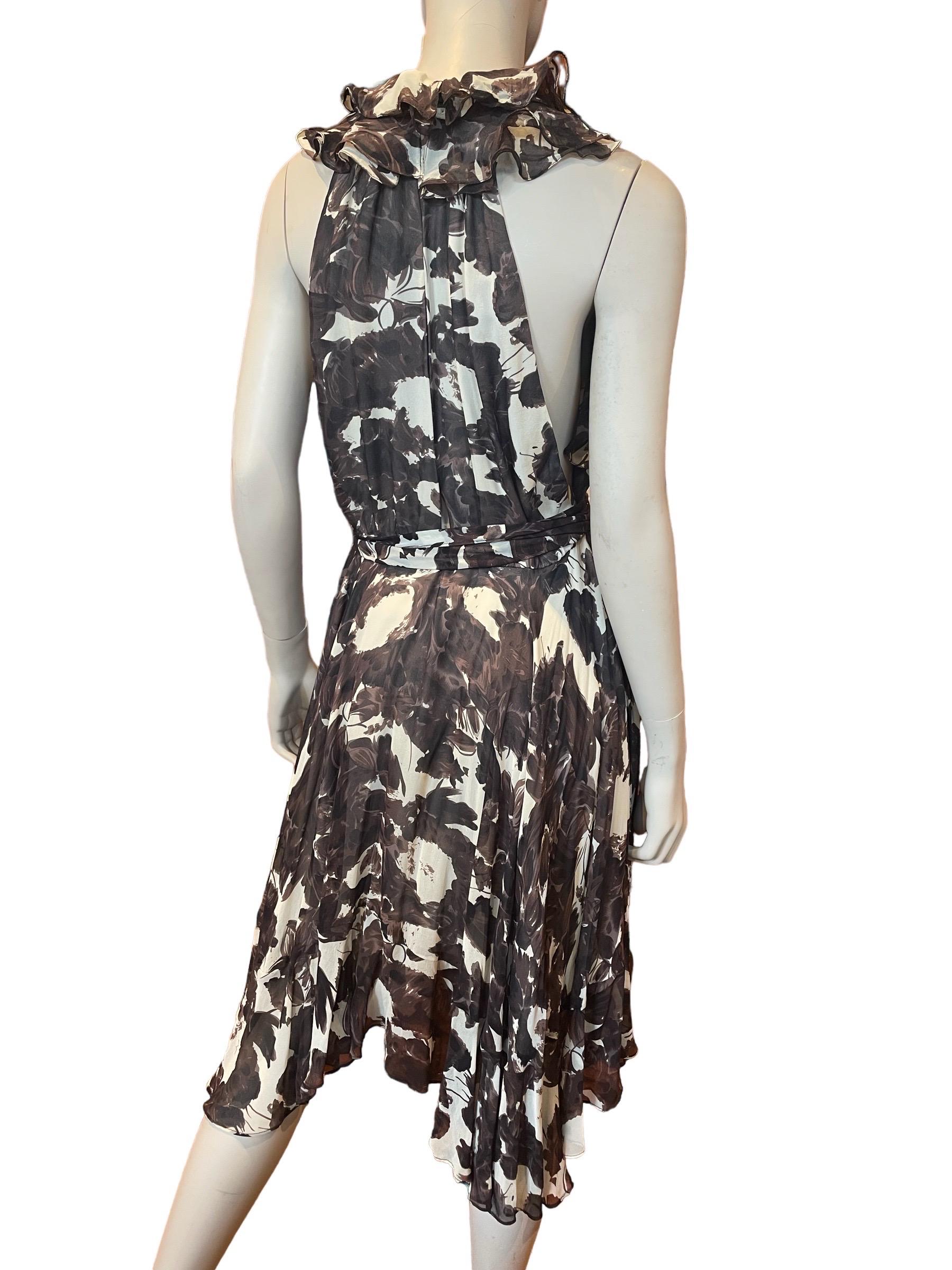 Y2K Stephen Burrows Brown and Cream Silk Chiffon Abstract Floral Ruffle Dress  For Sale 1