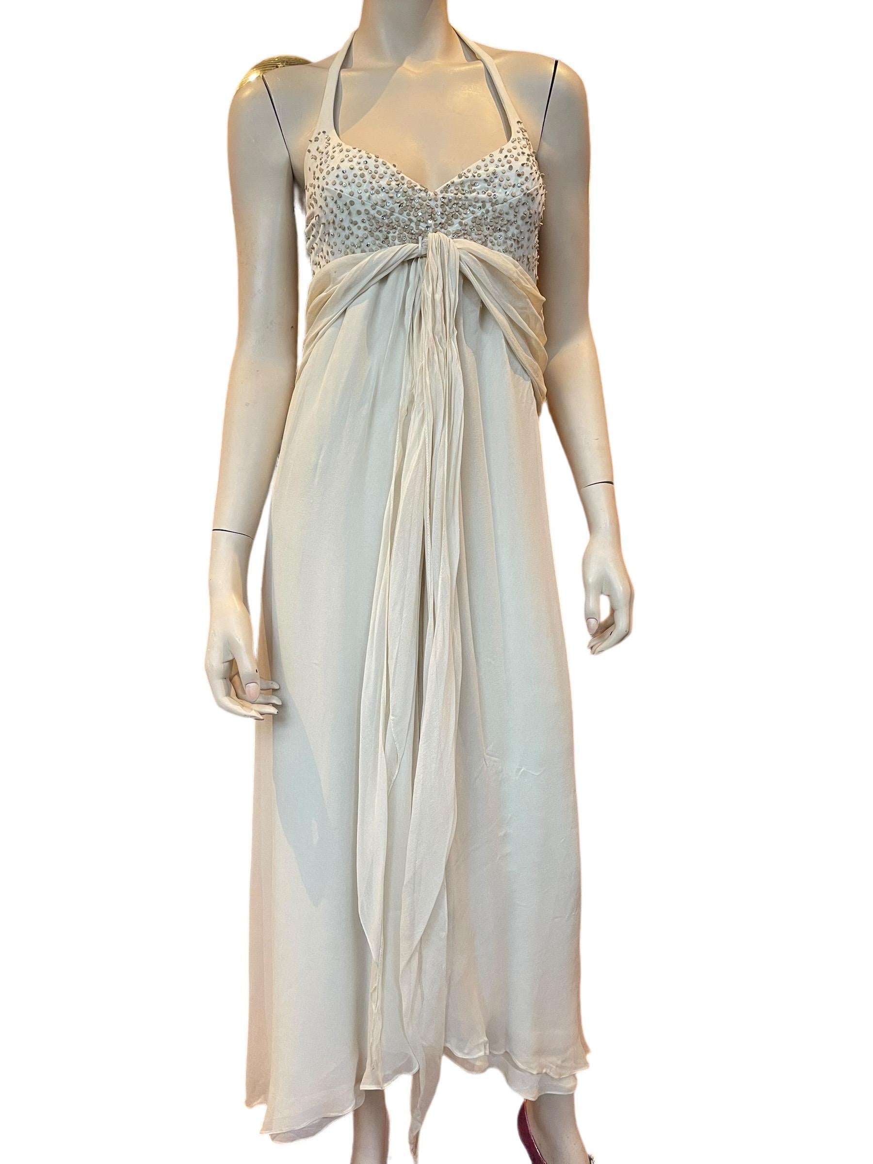 Y2K Stephen Burrows Cream Chiffon Halter Dress with Rhinestone Detailing  In Good Condition For Sale In Greenport, NY