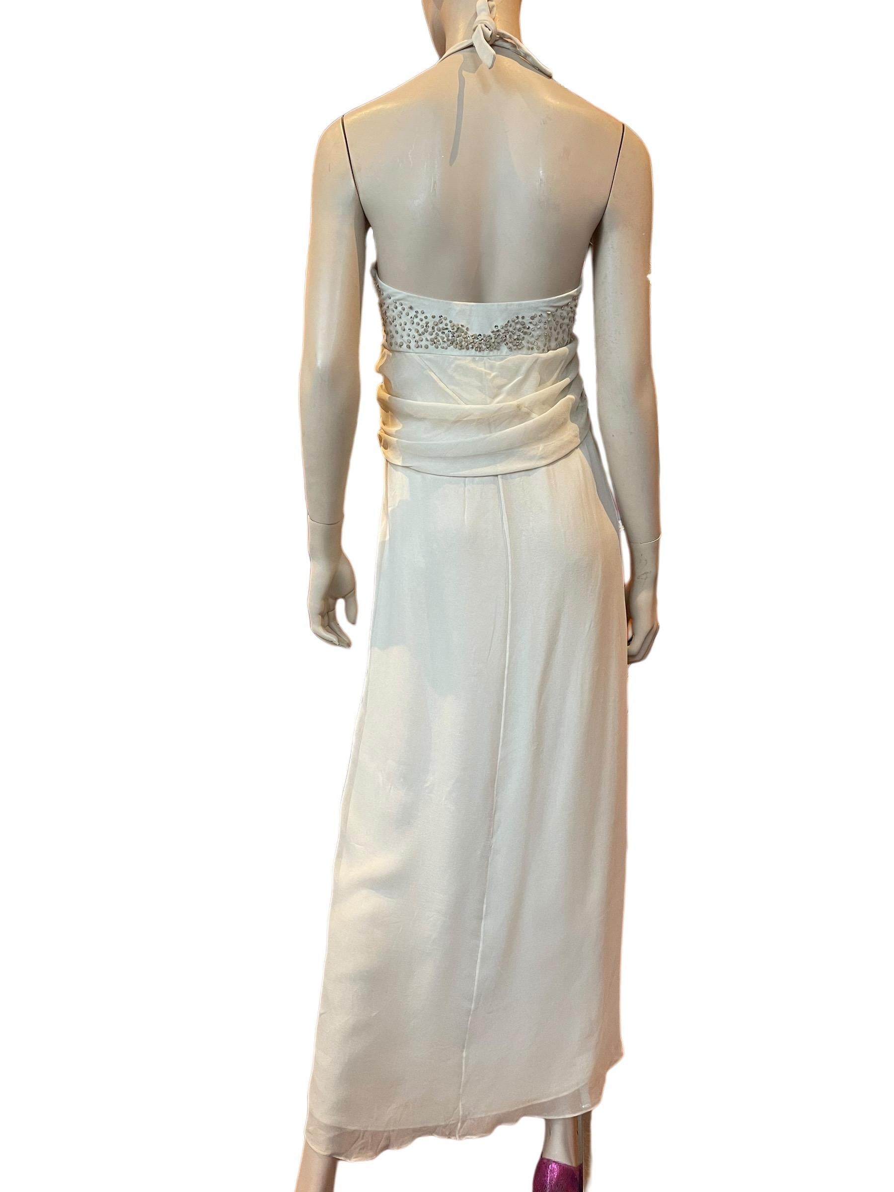 Women's or Men's Y2K Stephen Burrows Cream Chiffon Halter Dress with Rhinestone Detailing  For Sale
