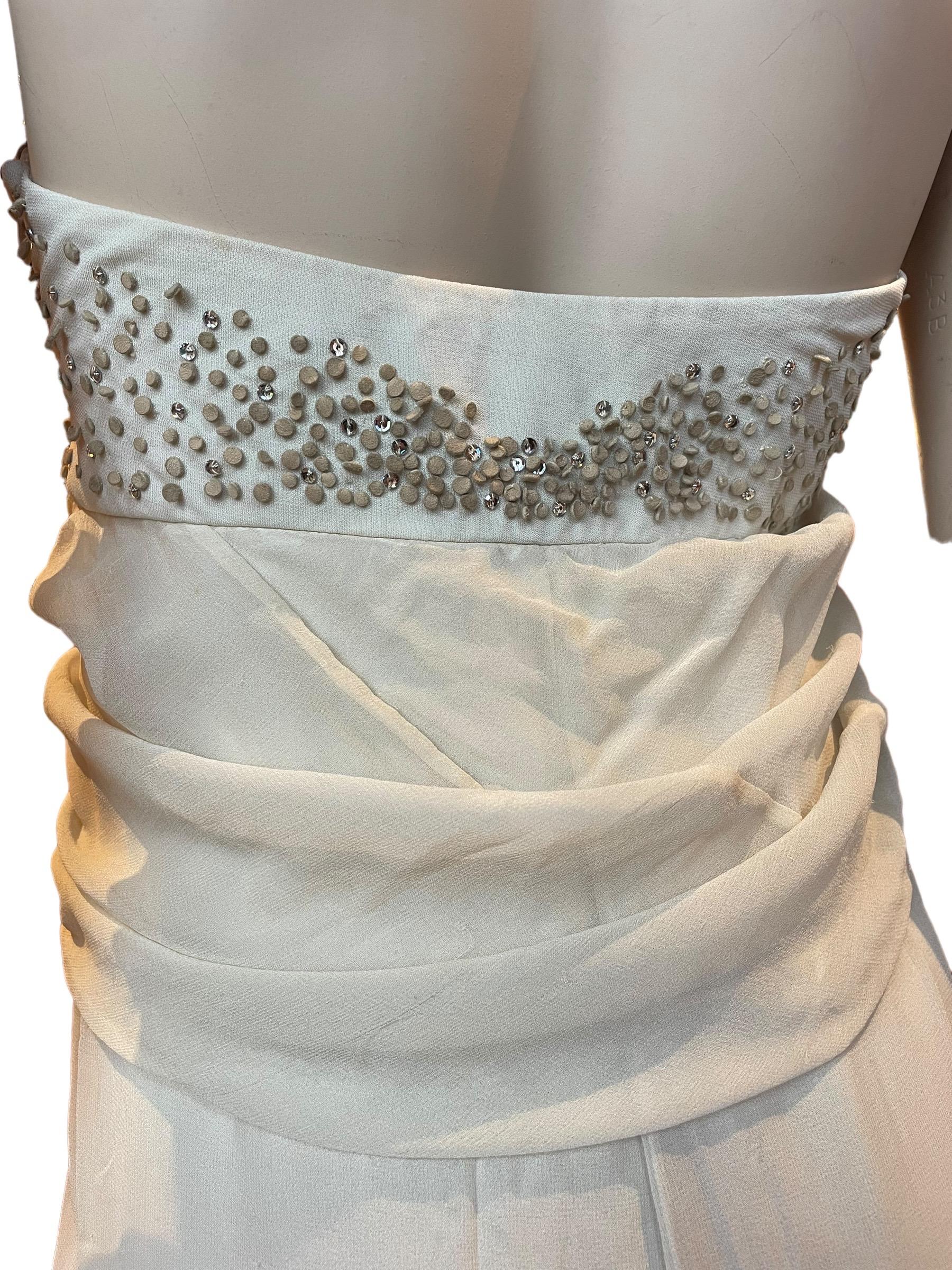 Women's or Men's Y2K Stephen Burrows Cream Chiffon Halter Dress with Rhinestone Detailing For Sale