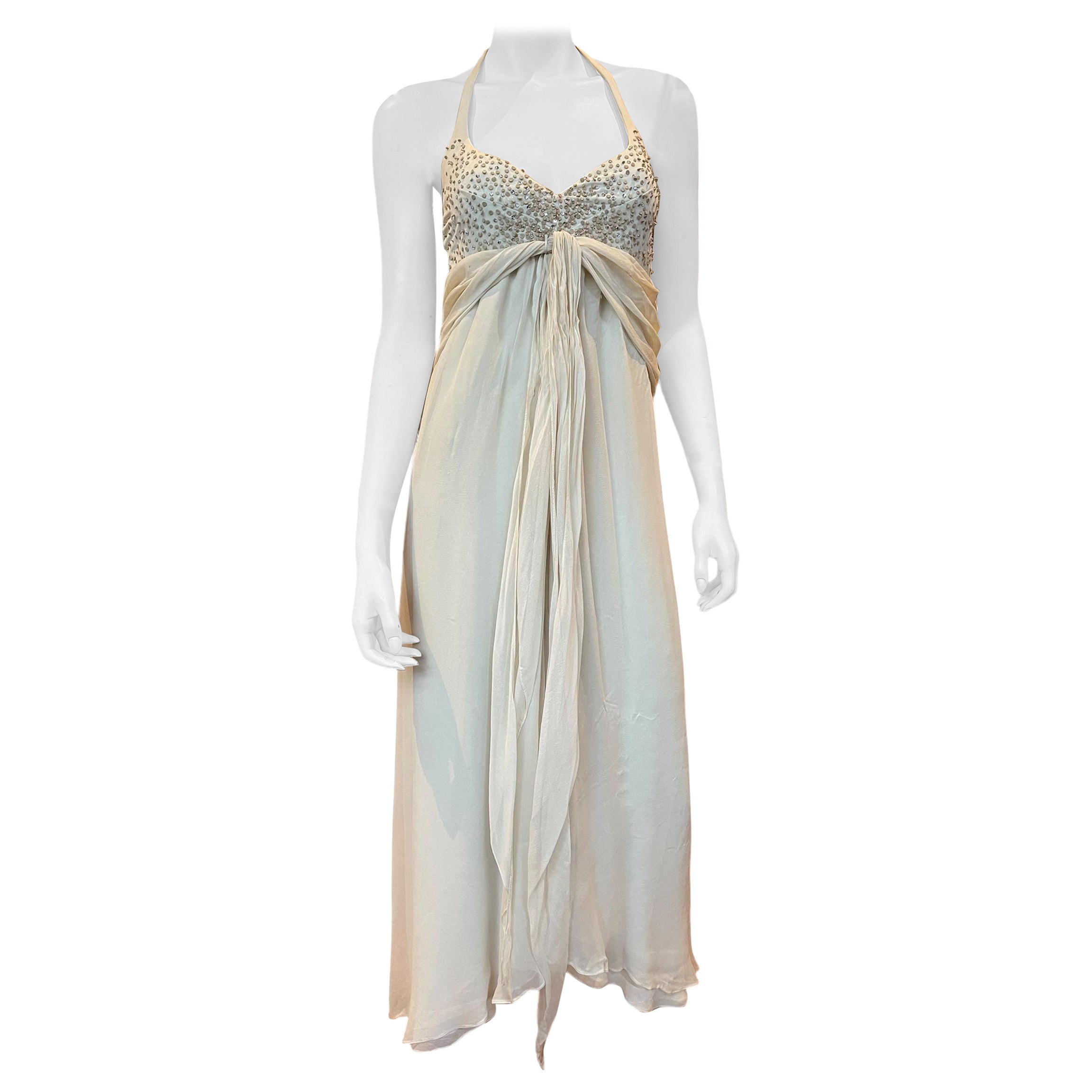 Y2K Stephen Burrows Vestido halter de gasa color crema con detalles de pedrería
