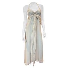 Y2K Stephen Burrows Cremefarbenes Chiffon-Halterkleid mit Strasssteinbesatz