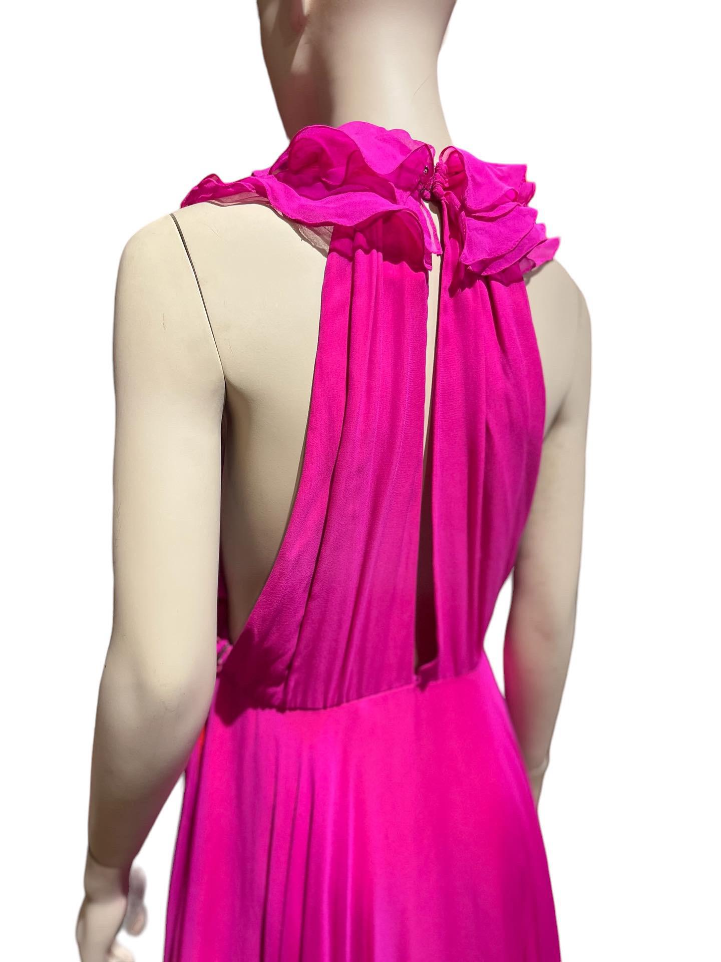 Y2K Stephen Burrows Fuchsia Silk Chiffon Ruffle Dress 

Size: 8

Stephen Burrows is an American fashion designer based in New York City, known for being one of the first African-American fashion designers to sell internationally and develop a