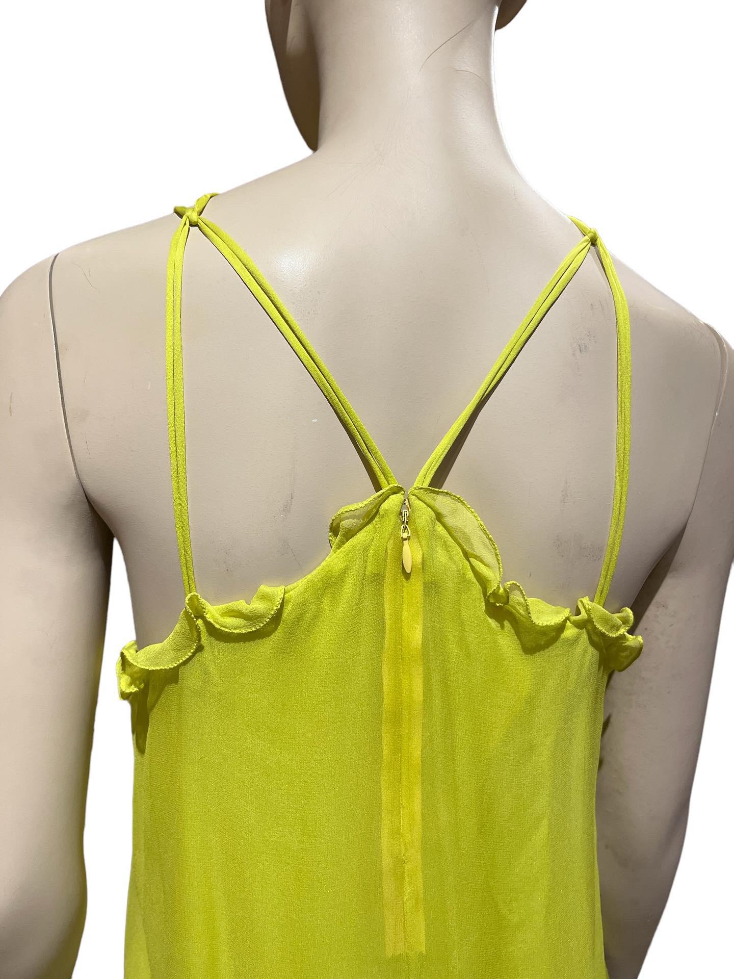 Yellow Y2k Stephen Burrows Incredible Neon Green Silk Chiffon Tent Dress with Ruffles For Sale