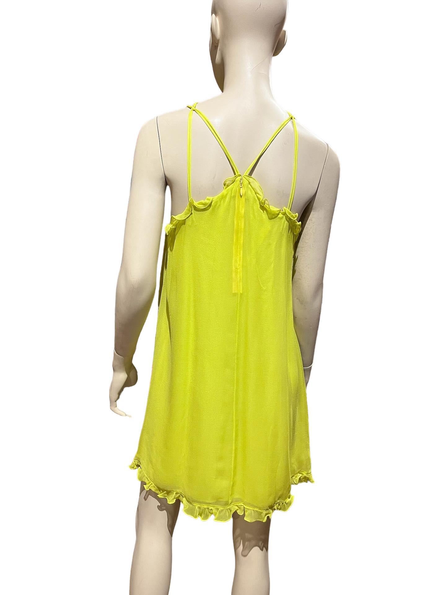 Y2k Stephen Burrows Incredible Neon Green Silk Chiffon Tent Dress with Ruffles In Good Condition For Sale In Greenport, NY