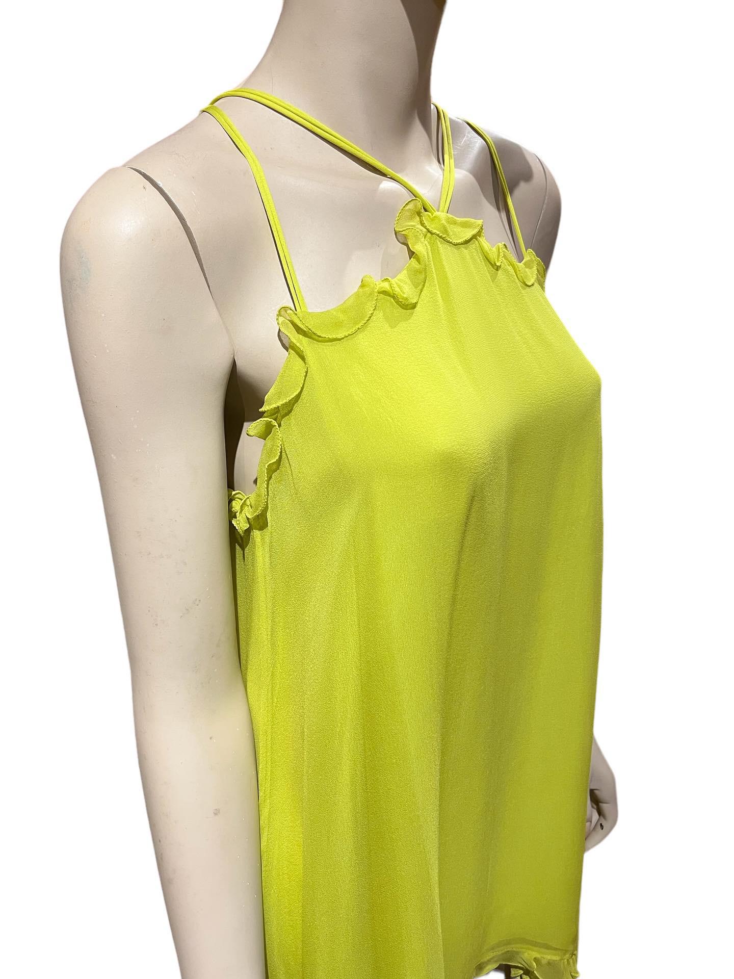 Women's or Men's Y2k Stephen Burrows Incredible Neon Green Silk Chiffon Tent Dress with Ruffles For Sale
