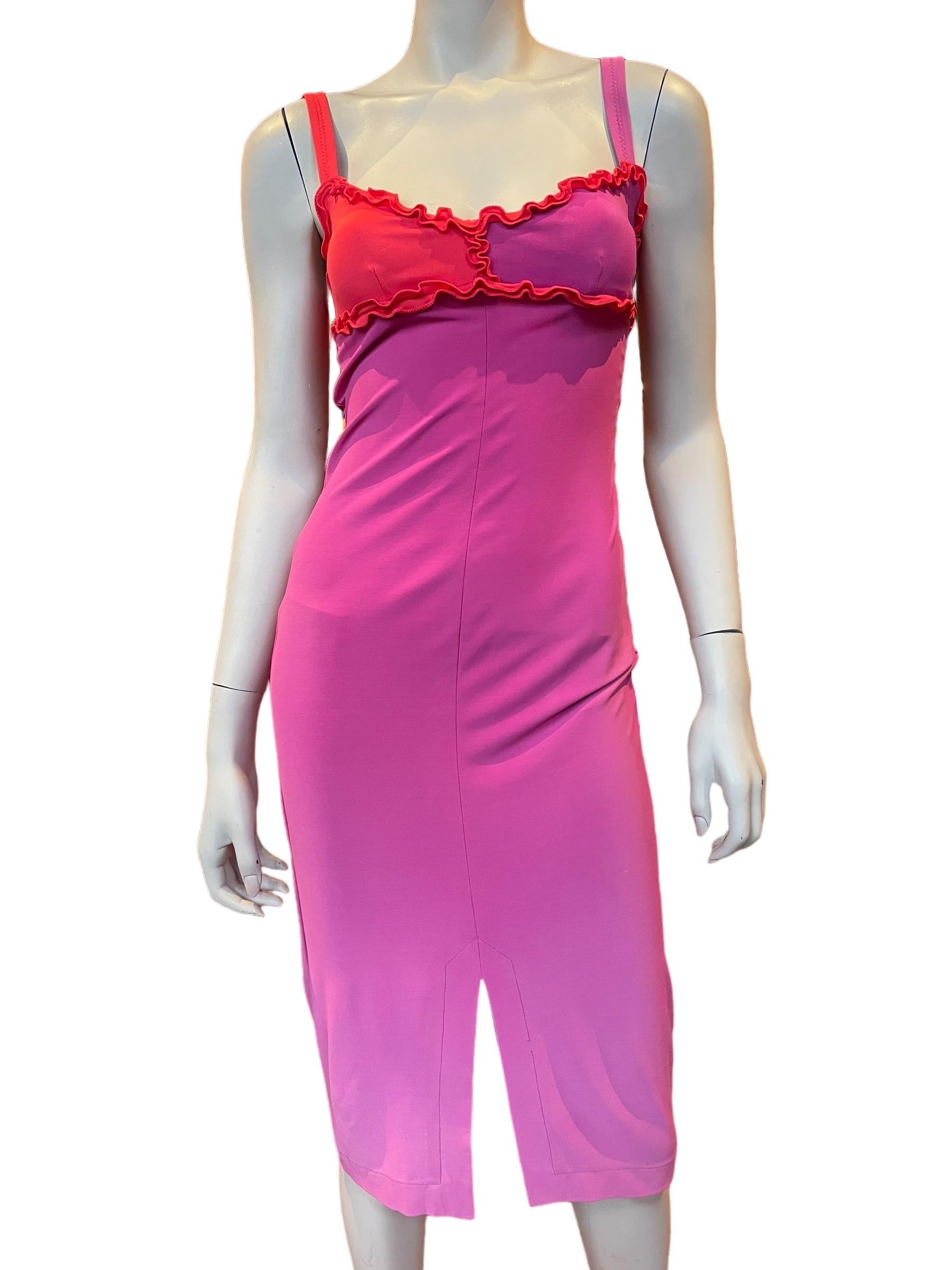 Women's or Men's Y2K Stephen Burrows Pink Ombré and Lettuce Edge Trim Slinky Dress  For Sale