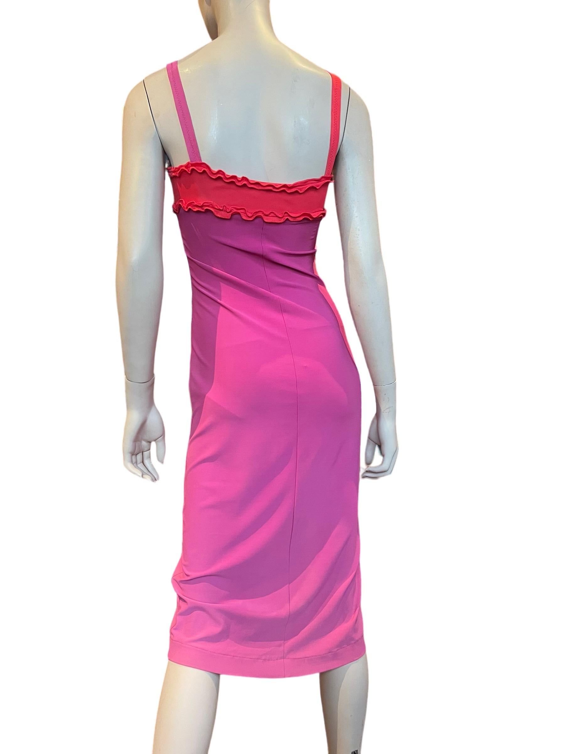Y2K Stephen Burrows Pink Ombré and Lettuce Edge Trim Slinky Dress  For Sale 1