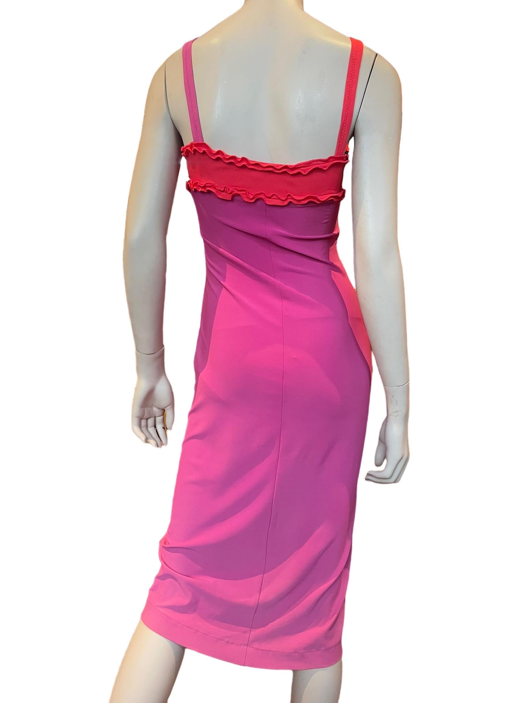Y2K Stephen Burrows Pink Ombré and Lettuce Edge Trim Slinky Dress  For Sale 2