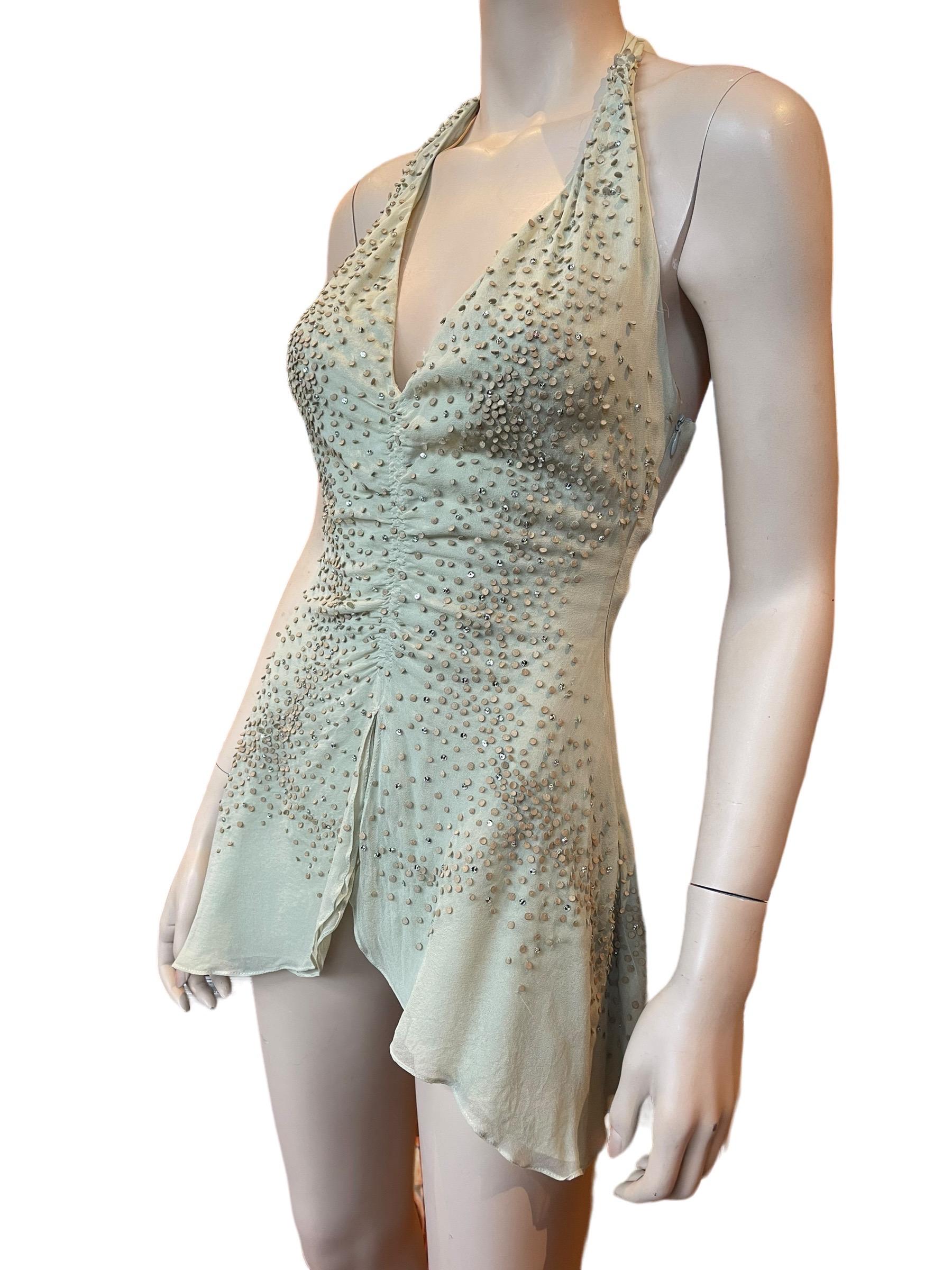 Y2K Stephen Burrows Sage Green Flowing Halter Blouse with Rhinestone Detailing For Sale 1
